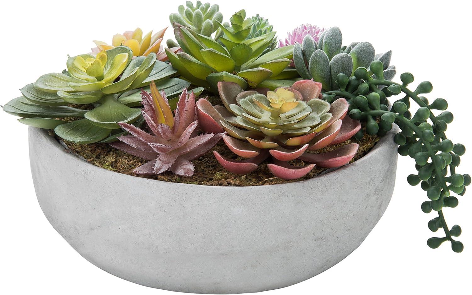 MyGift 8 inch Artificial Succulent Arrangement in Round Modern Concrete Pot, Gray