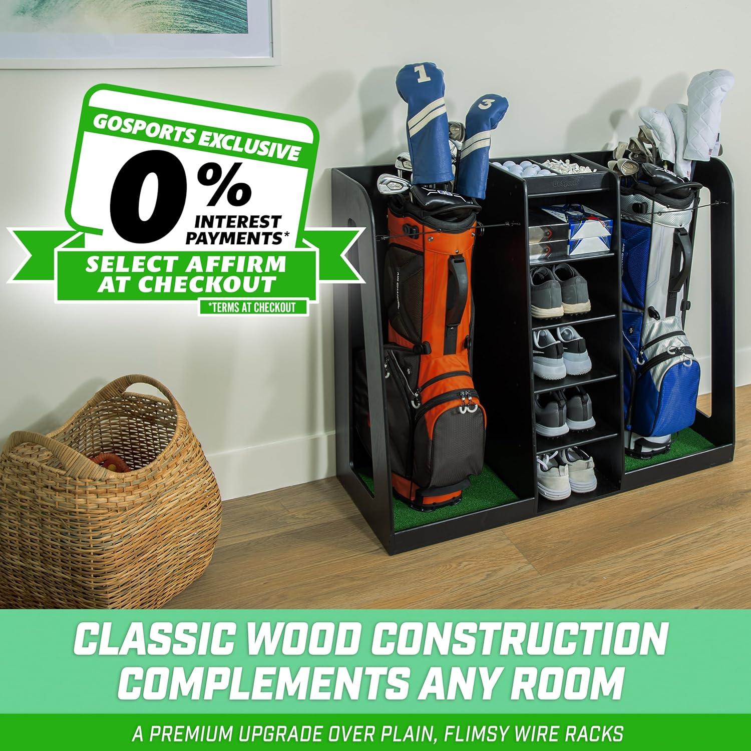 GoSports Premium Wooden Freestanding Golf Bag Organizer and Storage Rack