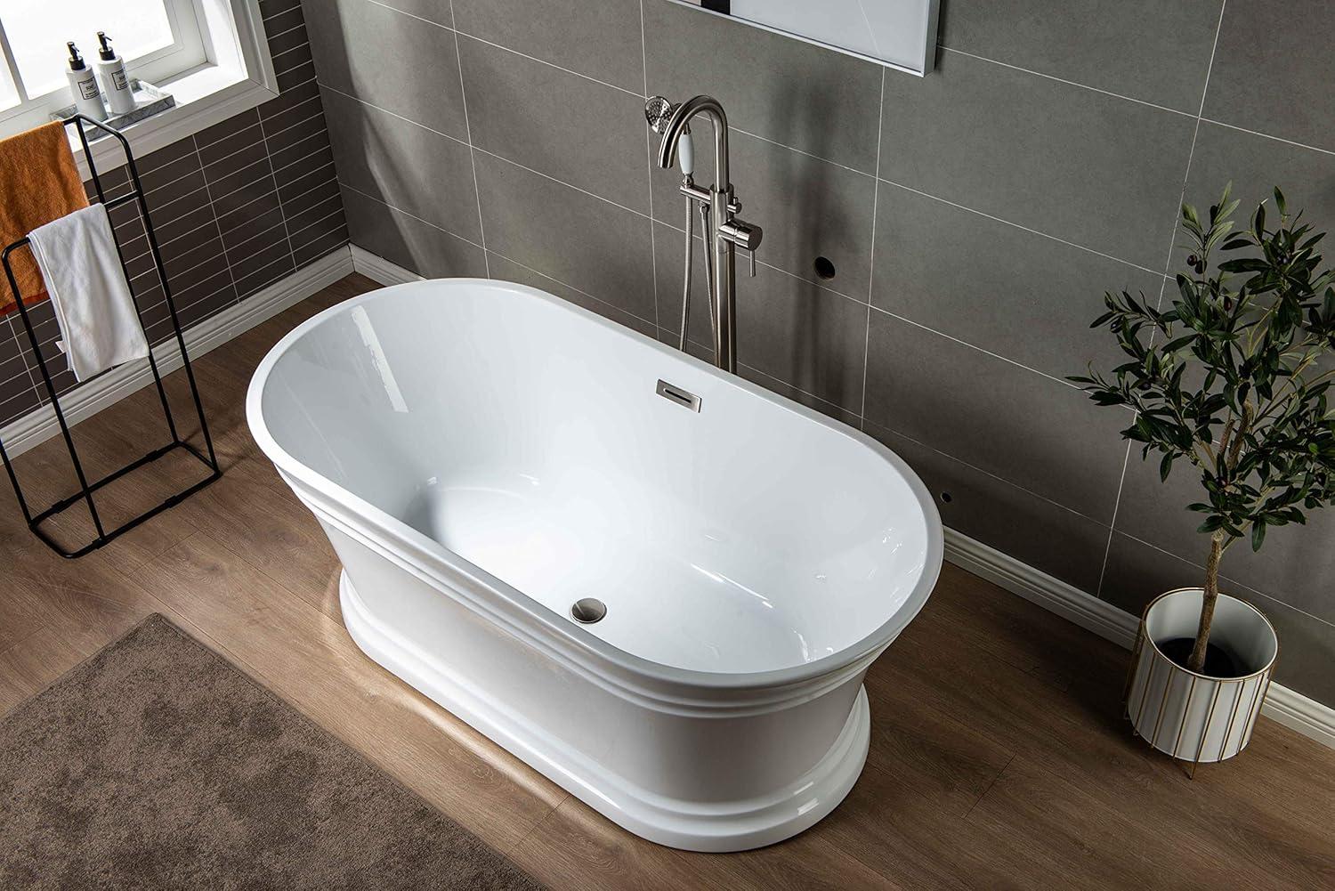 Woodbridge 59'' Freestanding White Acrylic Soaking Bathtub with Brushed Nickel Drain