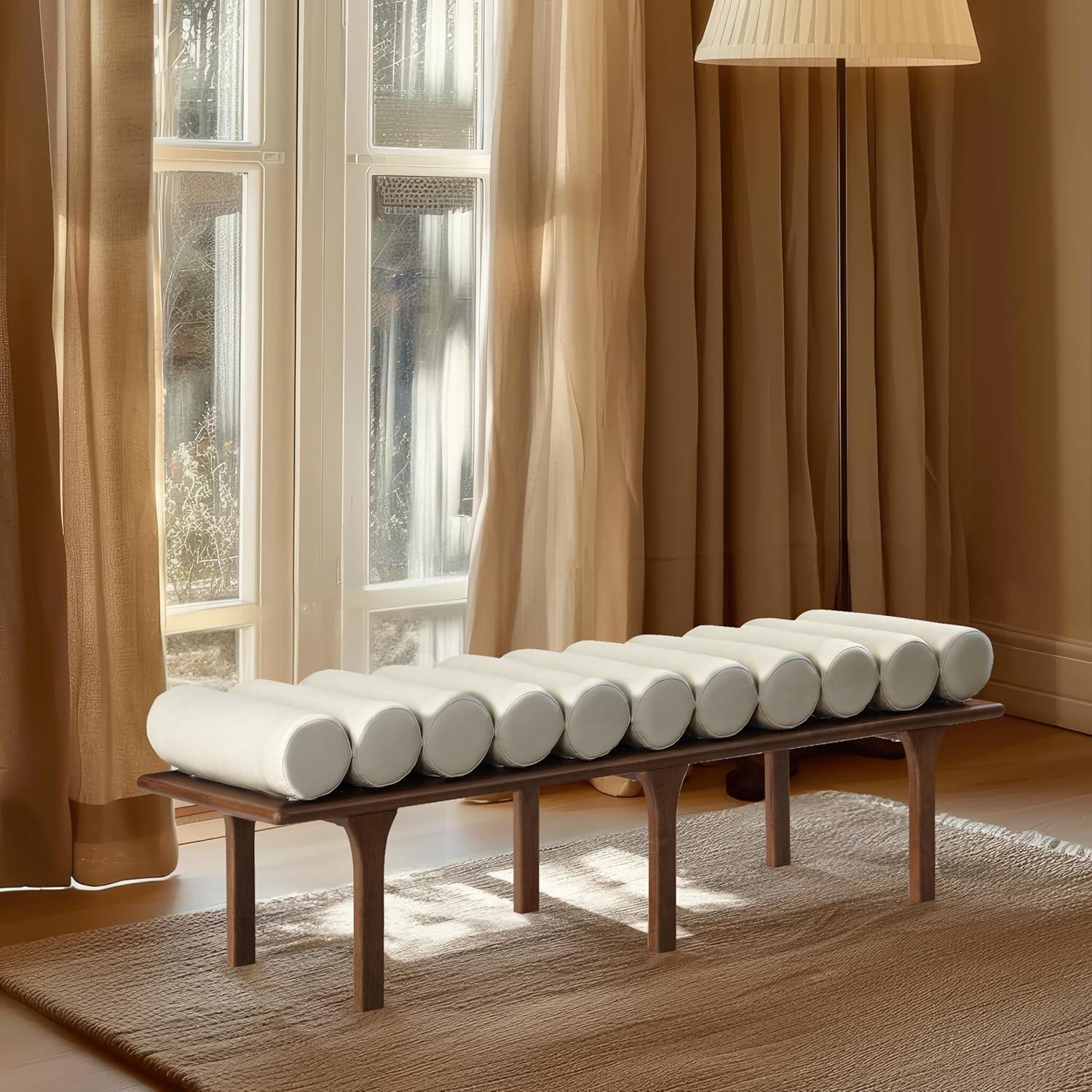 Landon Cream Vegan Leather and Walnut Bench