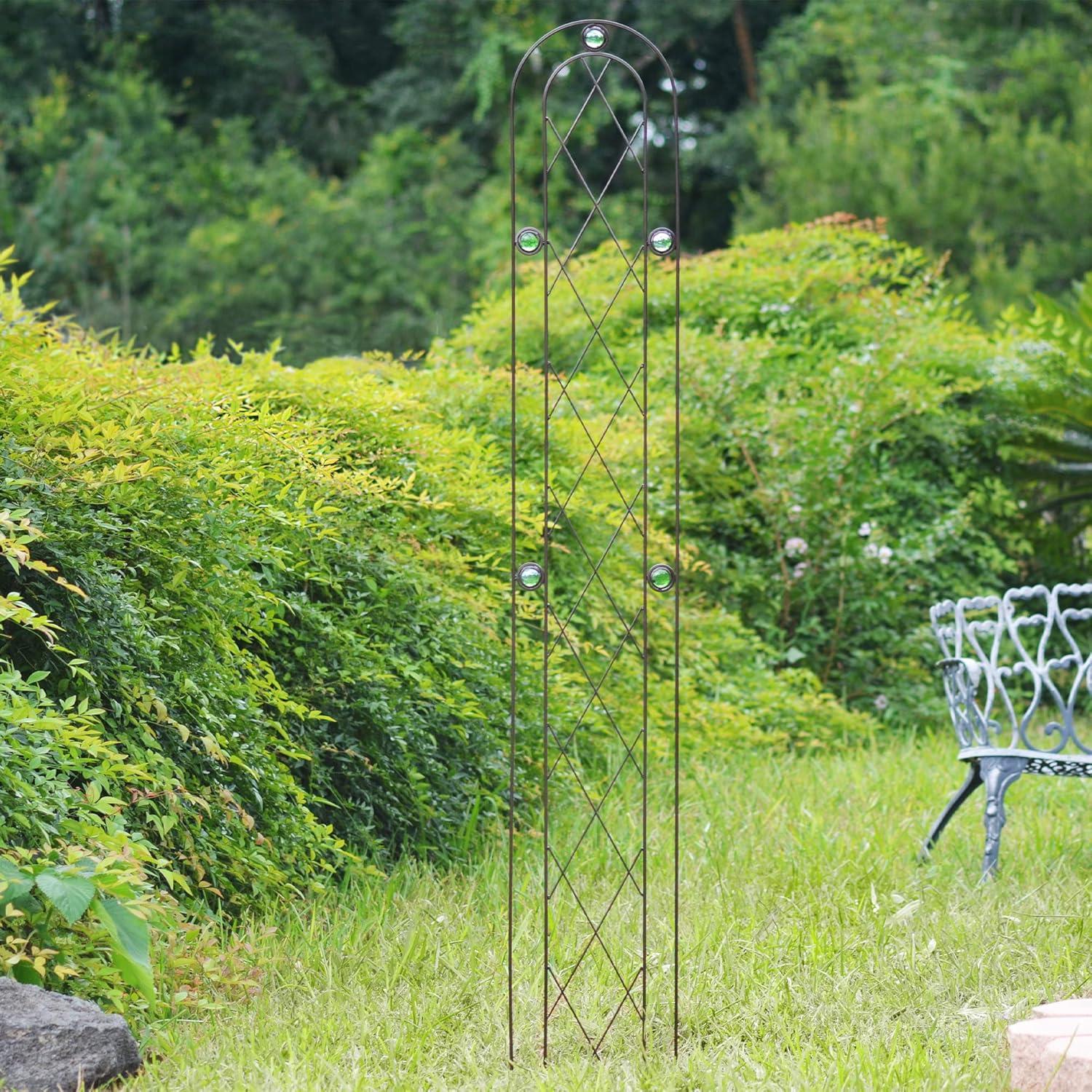 Bronze Arched Iron Garden Trellis with Green Accents