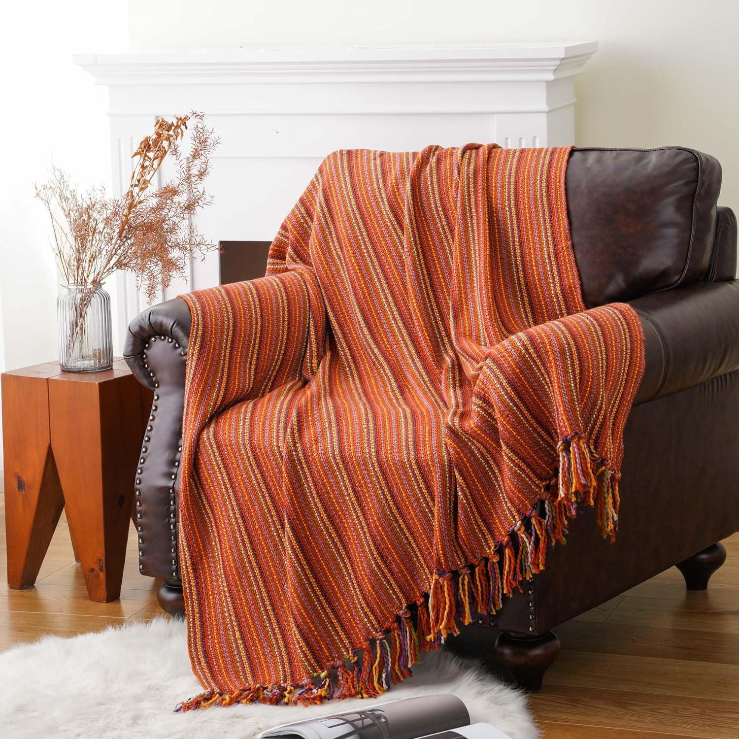 Brick Red Knitted Acrylic Throw Blanket with Fringes, 50"x60"