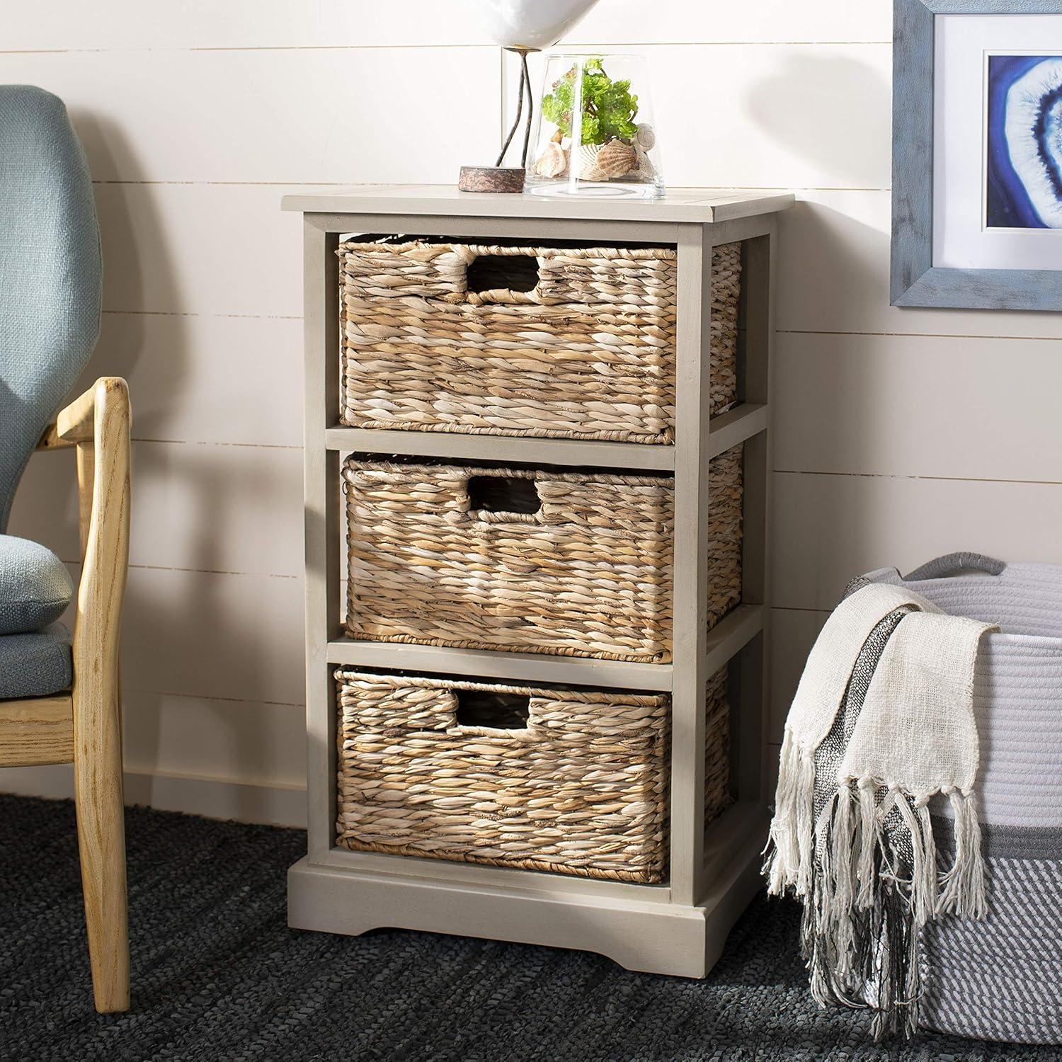 Halle 3 Wicker Basket Storage Side Table - Vintage Grey - Safavieh.