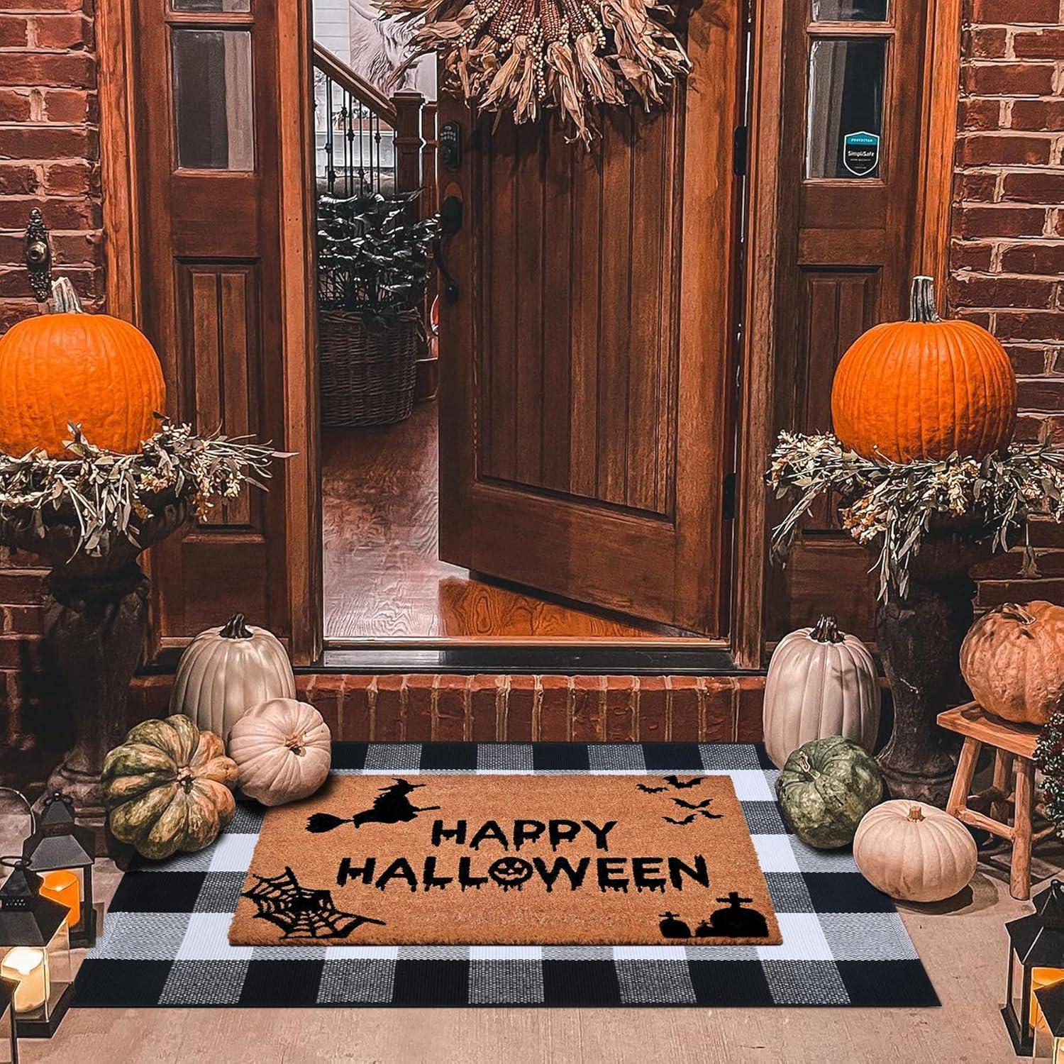 Halloween Coir Welcome Mat and Black White Plaid Rug Set