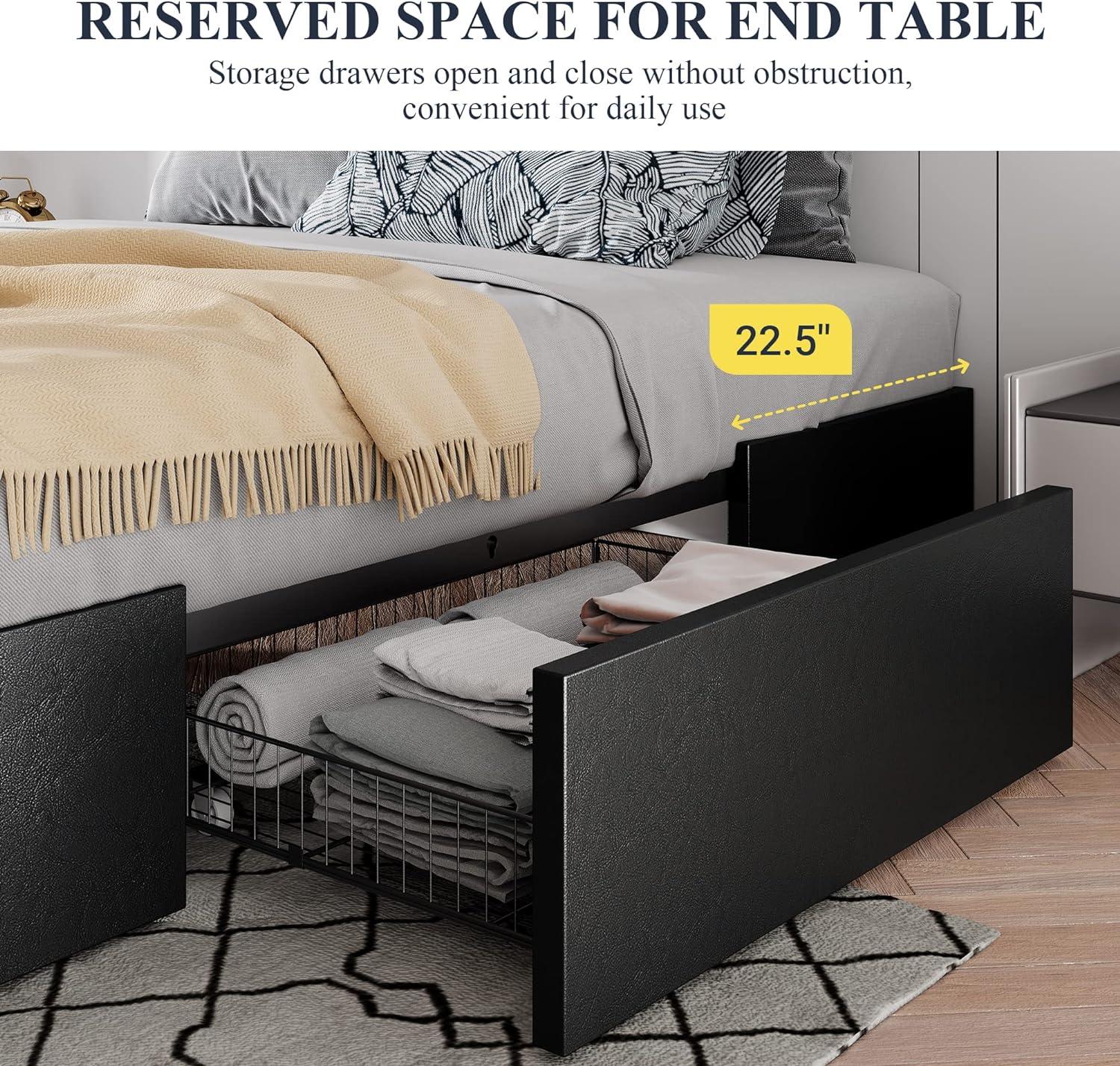 Modern Black Faux Leather Queen Bed Frame with Storage Drawers
