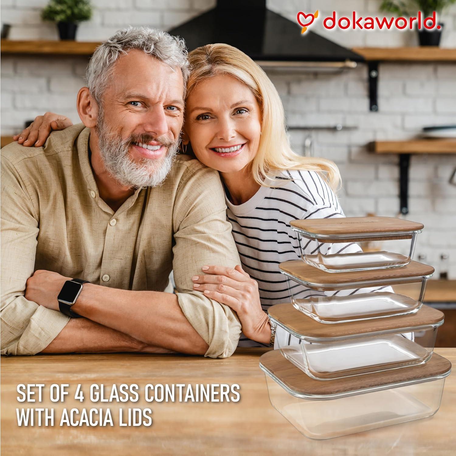 Amber Glass Meal Prep Containers with Acacia Lids, Set of 4