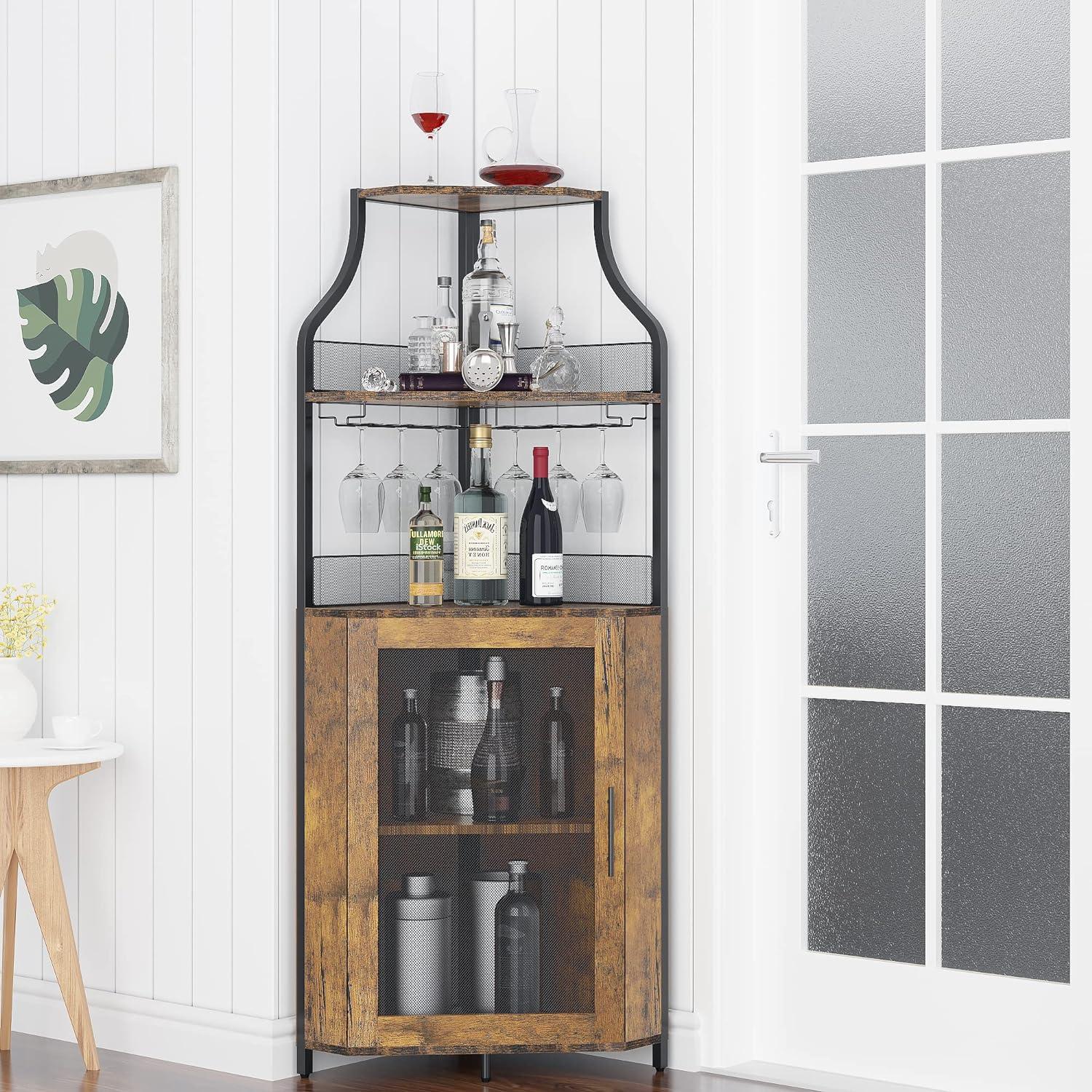 Corner Wine Cabinet with Removable Wine Rack, Wine Bar Cabinet with Barn Door and Adjustable Shelves, Industrial Wine Cabinet for Dining Room, Living Room,Kitchen (Retro Brown)