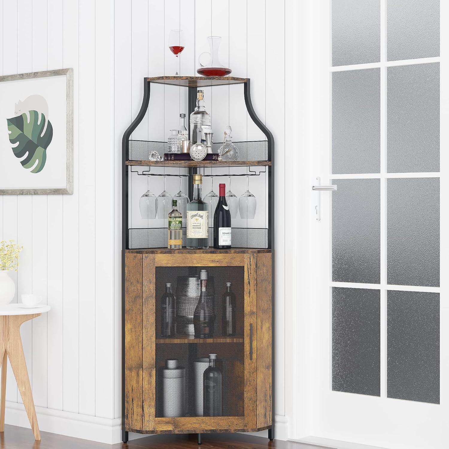 Corner Wine Cabinet with Removable Wine Rack, Wine Bar Cabinet with Barn Door and Adjustable Shelves, Industrial Wine Cabinet for Dining Room, Living Room,Kitchen (Retro Brown)