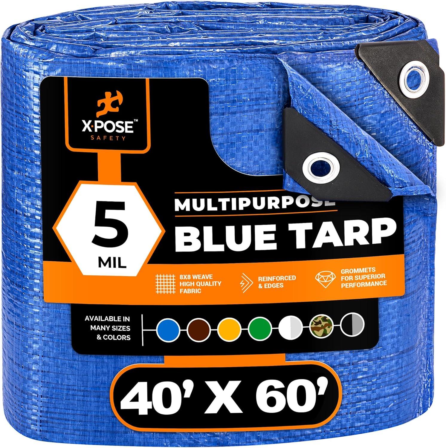 Xpose Safety Better Blue Poly Tarp 40' x 60' - Multipurpose Protective Cover - Lightweight, Durable, Waterproof, Weather Proof - 5 Mil Thick Polyethylene