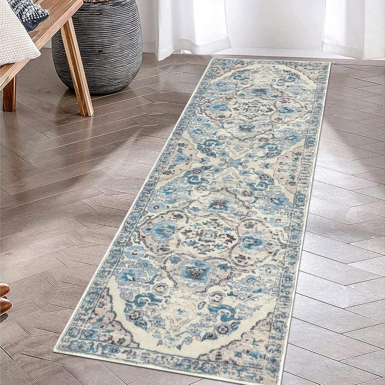 ZACOO 2' x 6' Machine Washable Runner Rug Traditional Area Rugs Carpet Farmhouse Foldable Accent Rug for Hallway Kitchen, Blue