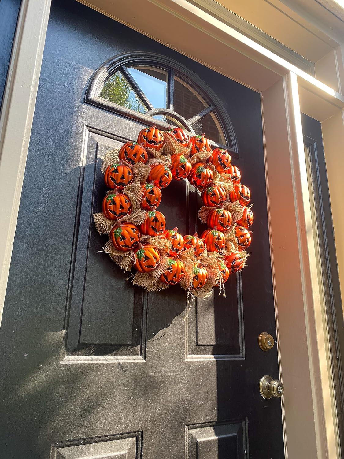 20" Round Burlap and Plastic Pumpkin Halloween Wreath