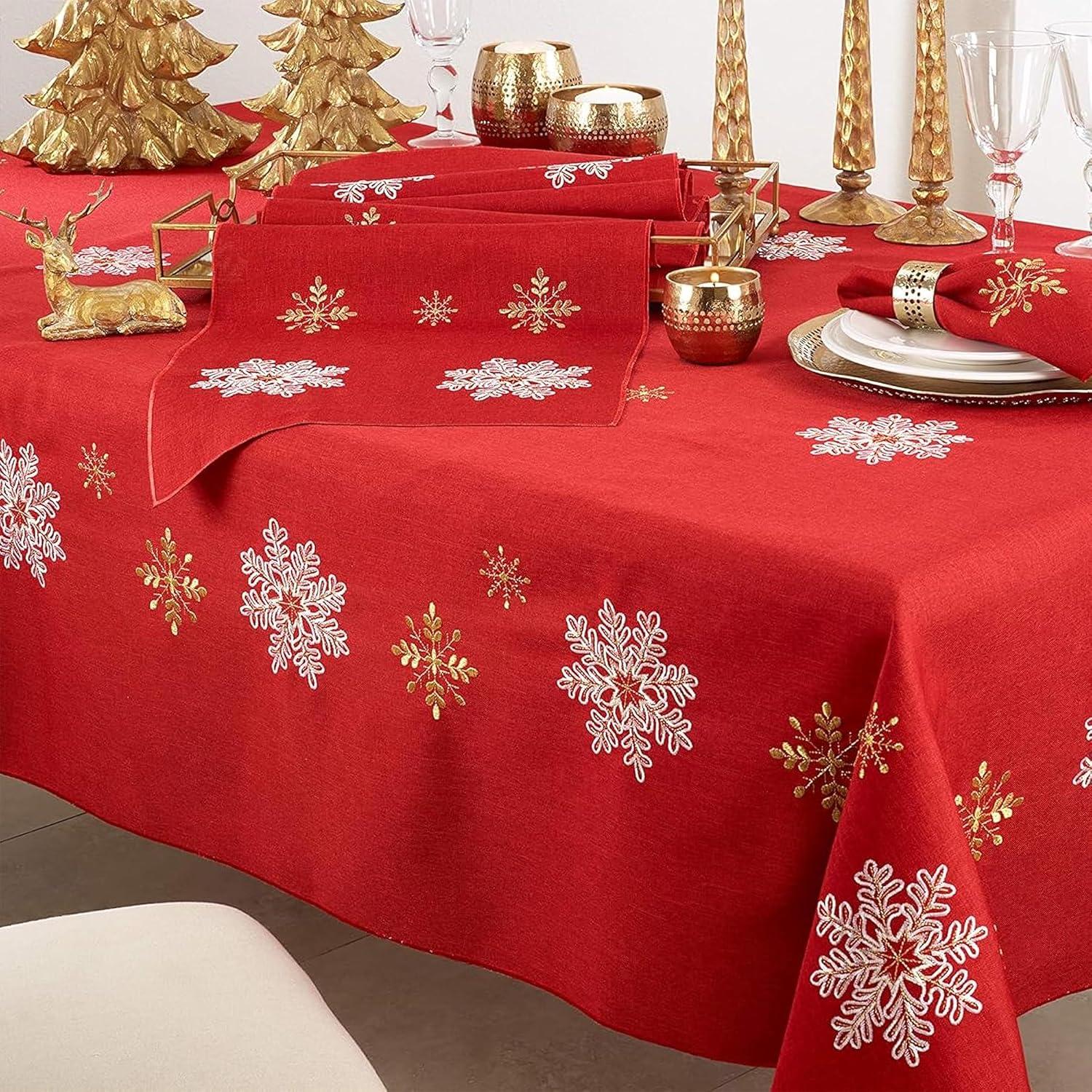 Red Embroidered Snowflake Polyester Holiday Table Runner