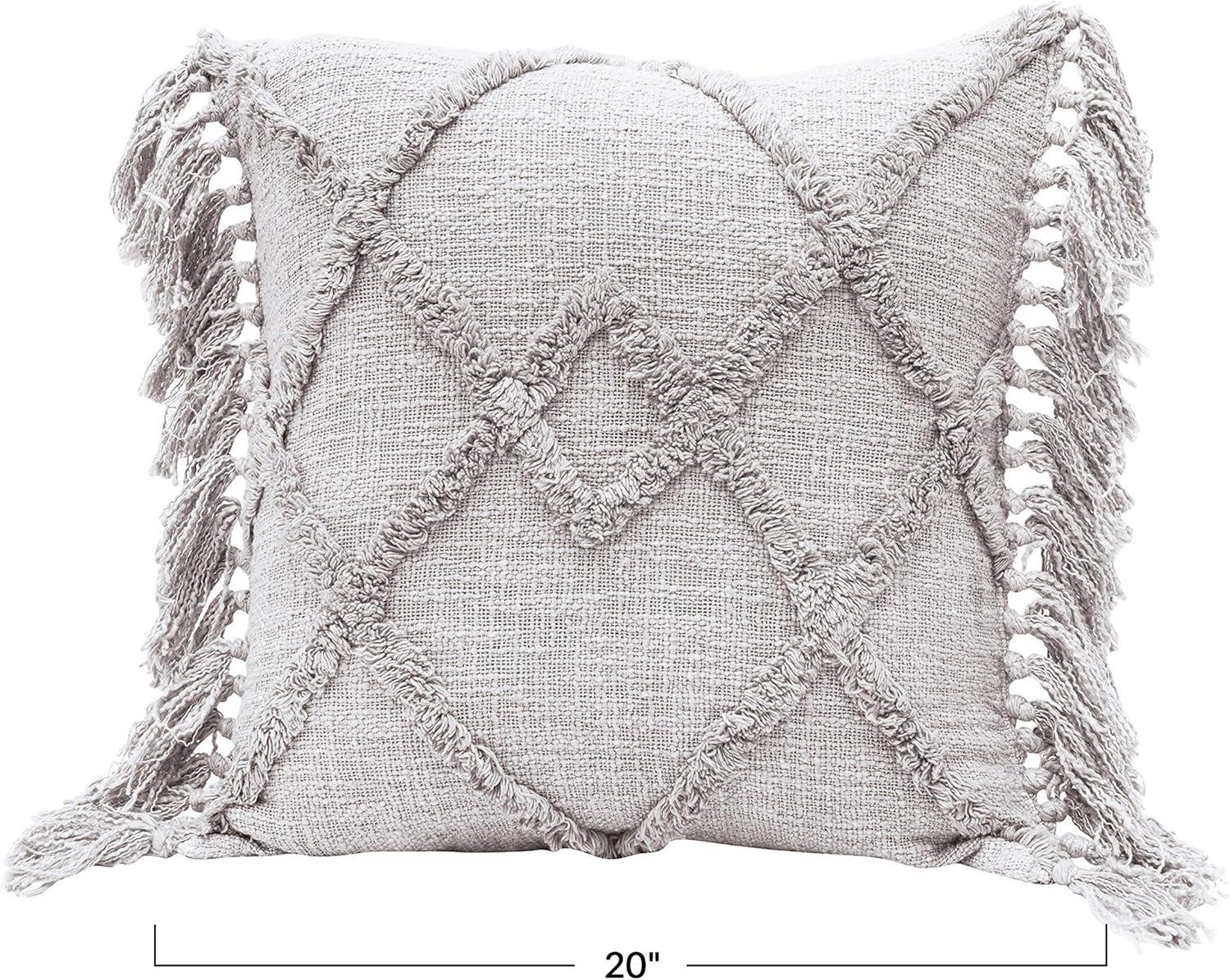 Grey Cotton Blend Tufted Pattern Pillow with Fringe