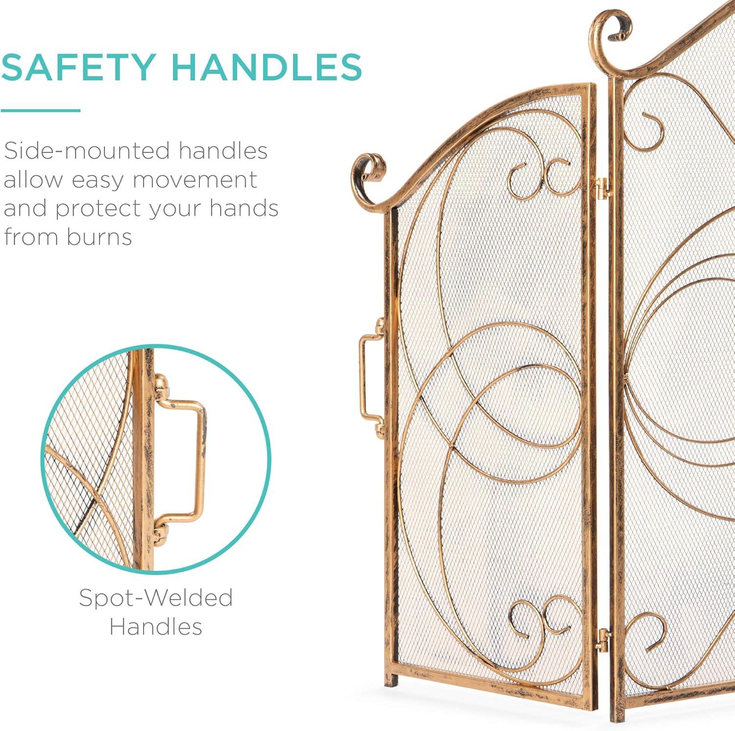 Winston Porter Lissowski 3-Panel 55"x33" Wrought Iron Fireplace Safety Screen Decorative Scroll Spark Guard Cover