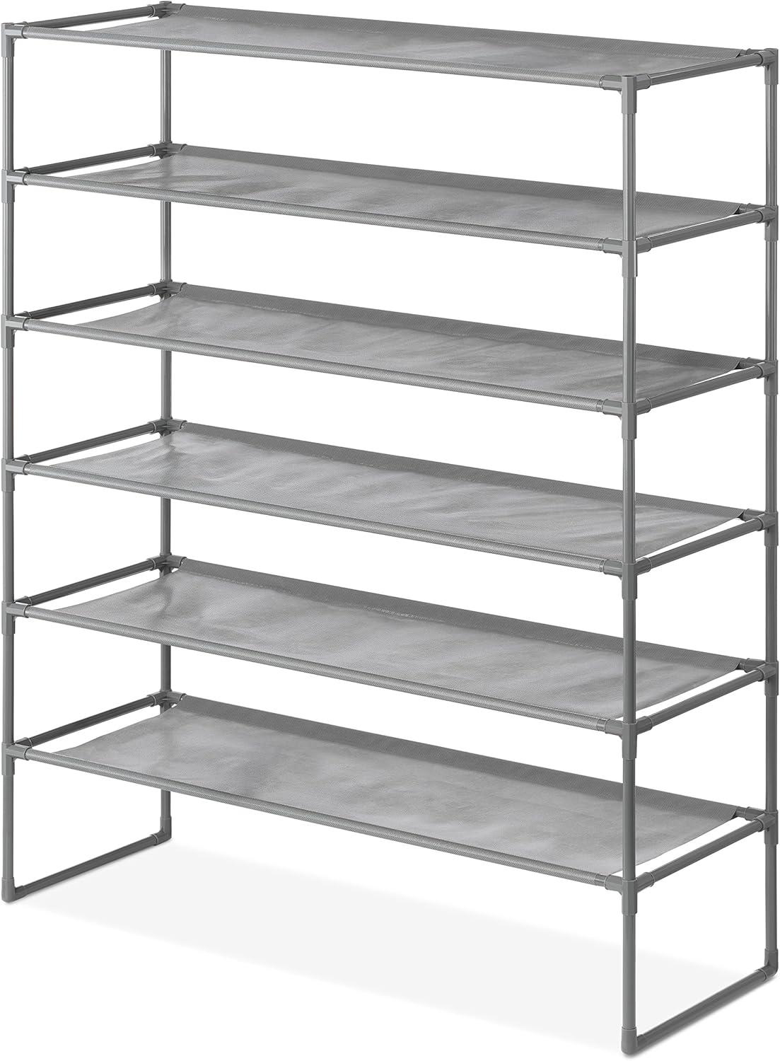 Sleek Gunmetal 6-Tier Freestanding Shoe Organizer with Brown Fabric Shelves