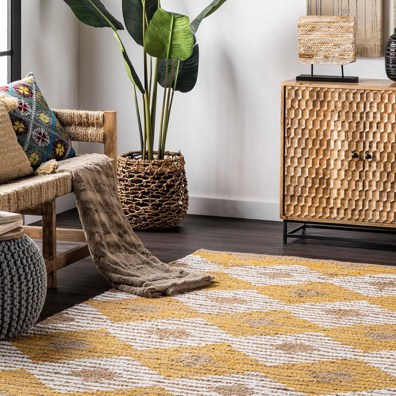 nuLOOM Hand Braided Marla Denim And Jute Diamonds Area Rug, 3' x 5', Yellow