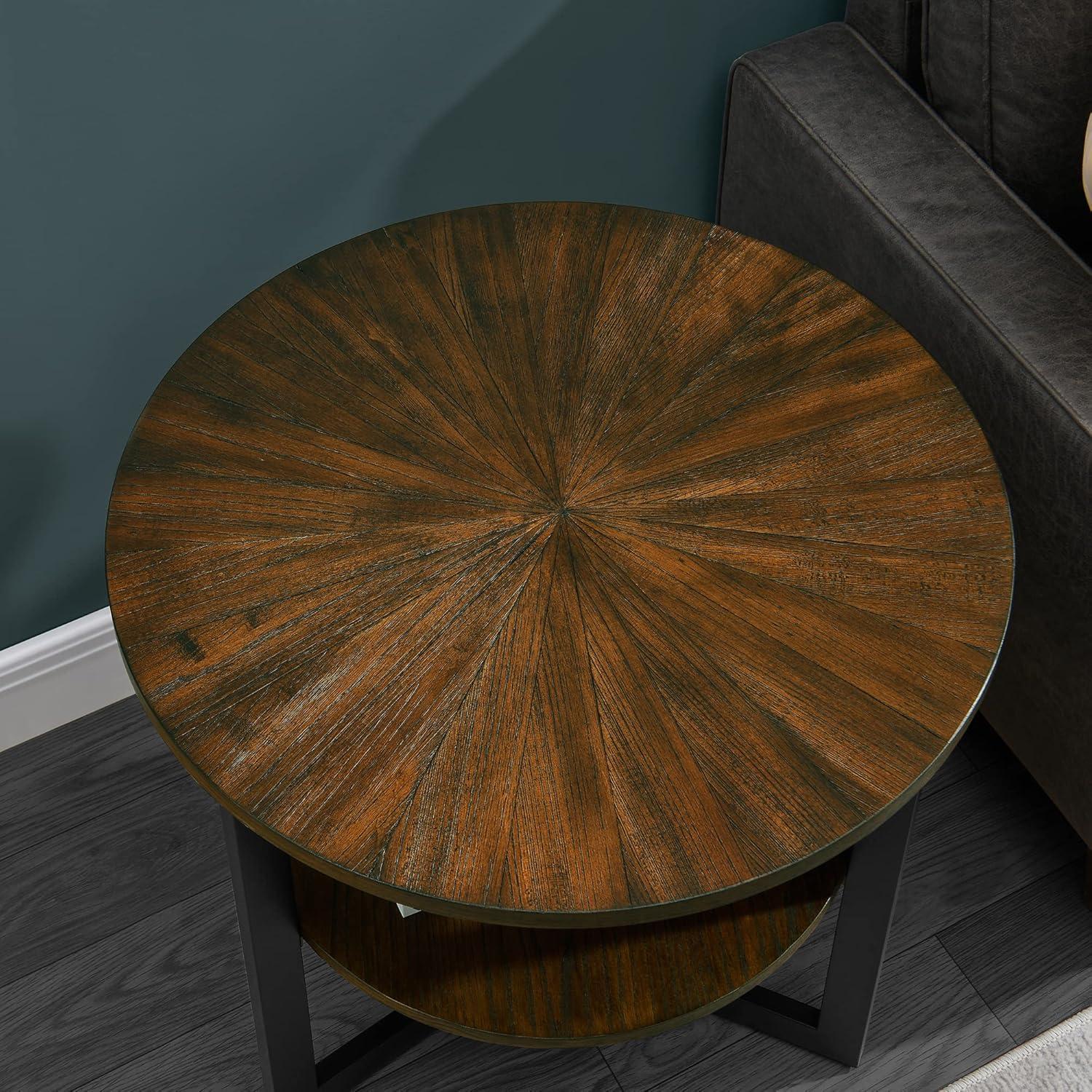 MODERION Large End Table with Storage Shelf Rustic Circular Sofa Side Table with Black Metal Legs Solid Wood Nightstand Telephone Table for Living Room Bedroom 25.2”D x 24”H Natural Brown CJZ1338NC