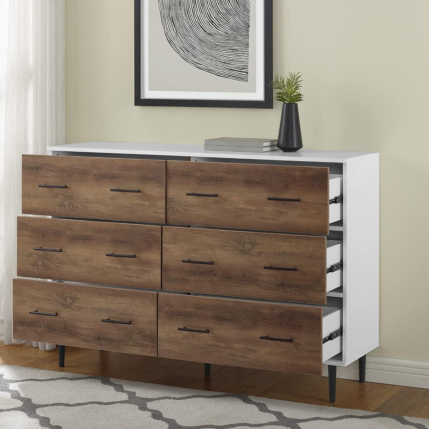 Walker Edison Mila Modern 6 Drawer Storage Buffet, 52 Inch, White and Rustic Oak