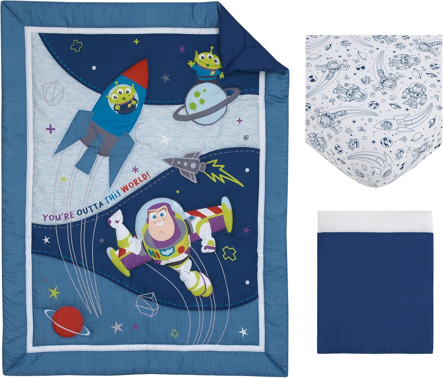 NoJo Disney Toy Story Outta This World Blue and Gray 3 Piece Nursery Crib Bedding Set - Comforter,  Fitted Crib Sheet, and Crib Skirt