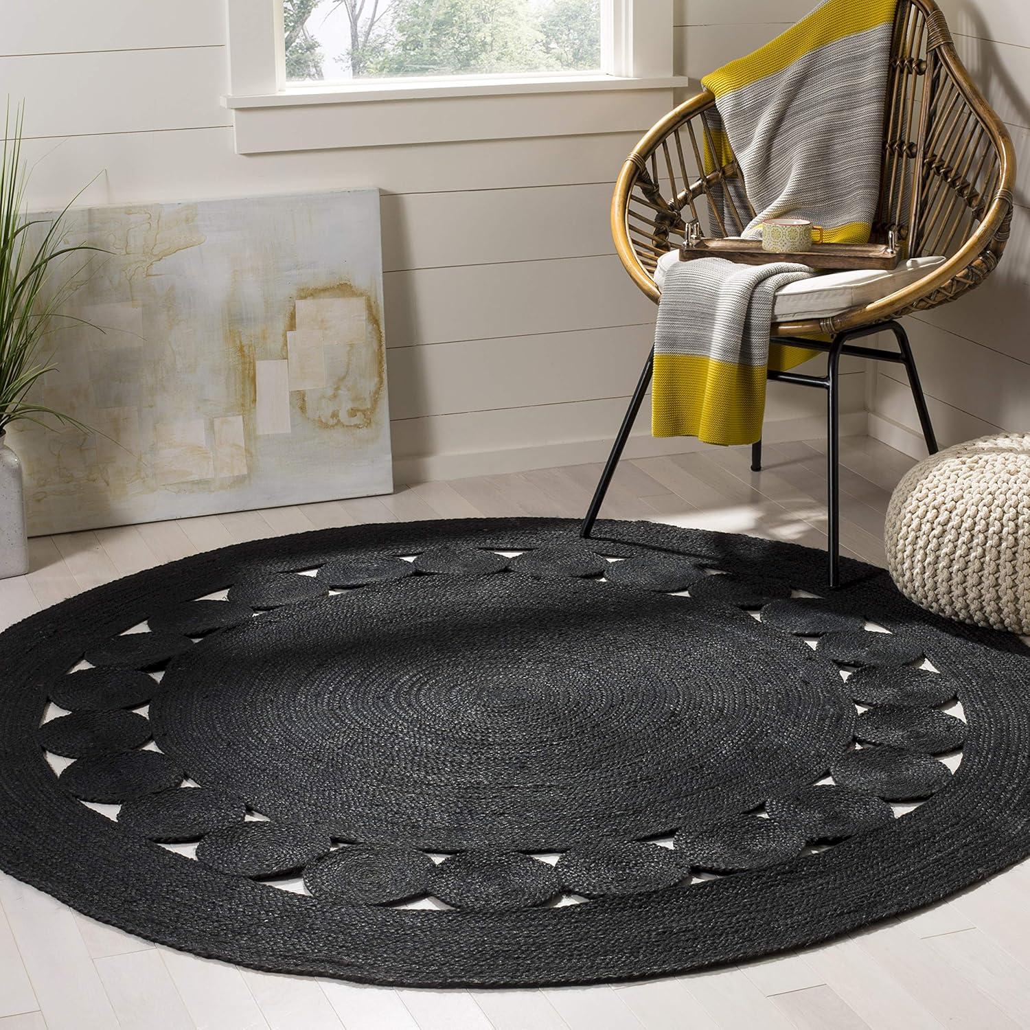 Handmade Black Braided Jute Round Area Rug