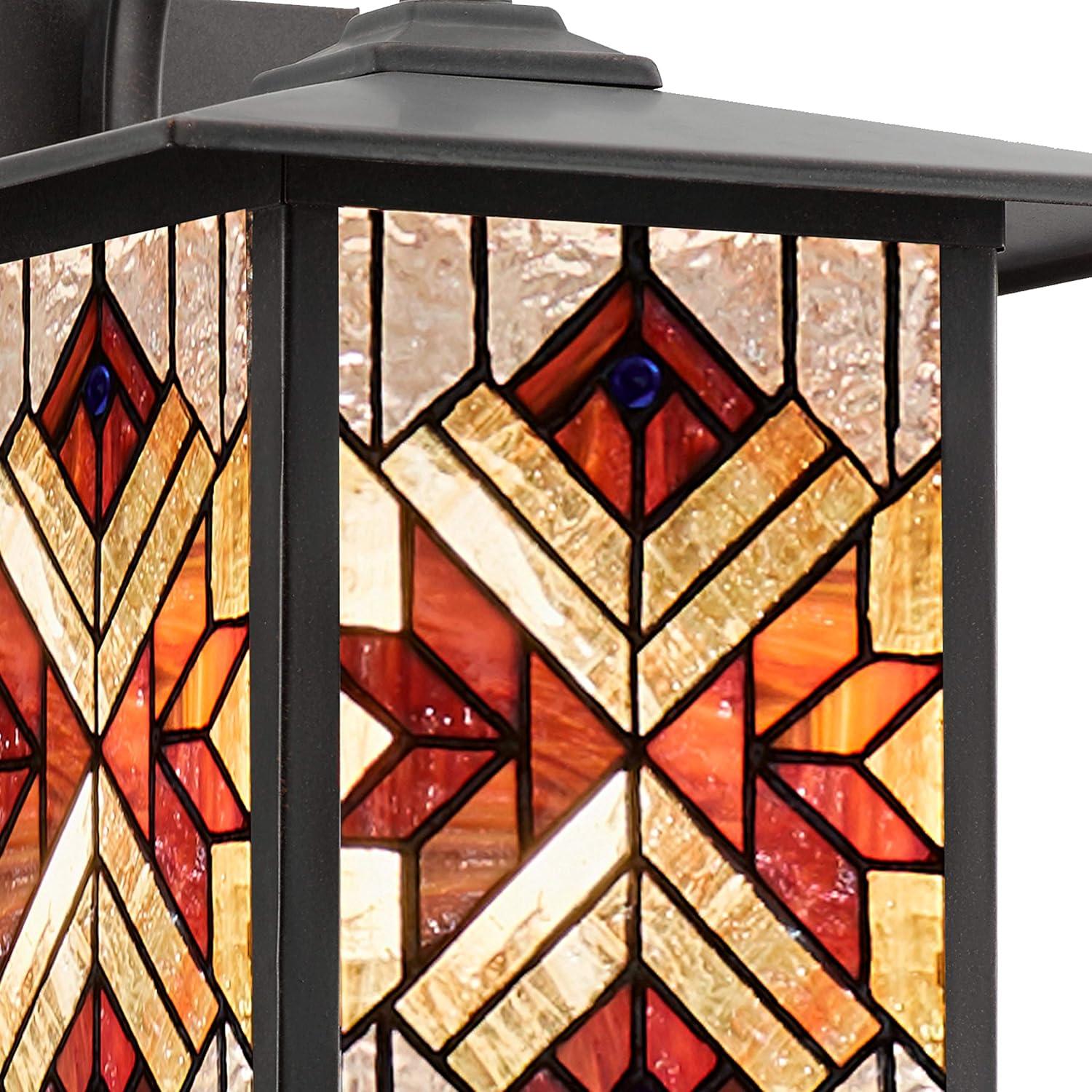 River of Goods 11.75" Stained Glass 1-Light Tiffany Style Bronze Outdoor Lantern Wall Sconce: ETL Listed, Metal Body, No Battery Required