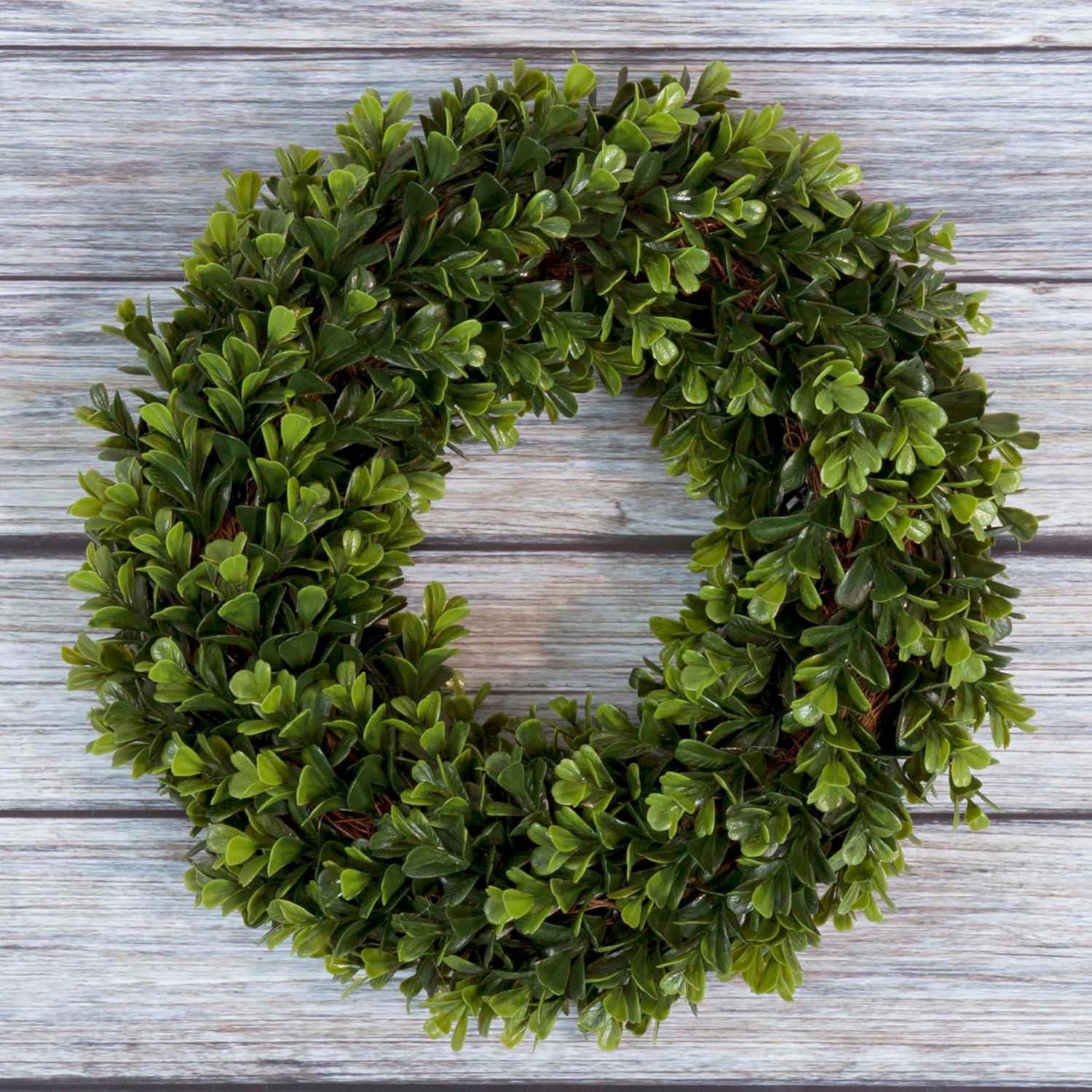 Artificial Boxwood Wreath - 12 Inch UV-Resistant Plastic Front Door Wreath and Window Decor for Spring and Summer by Pure Garden (Green)