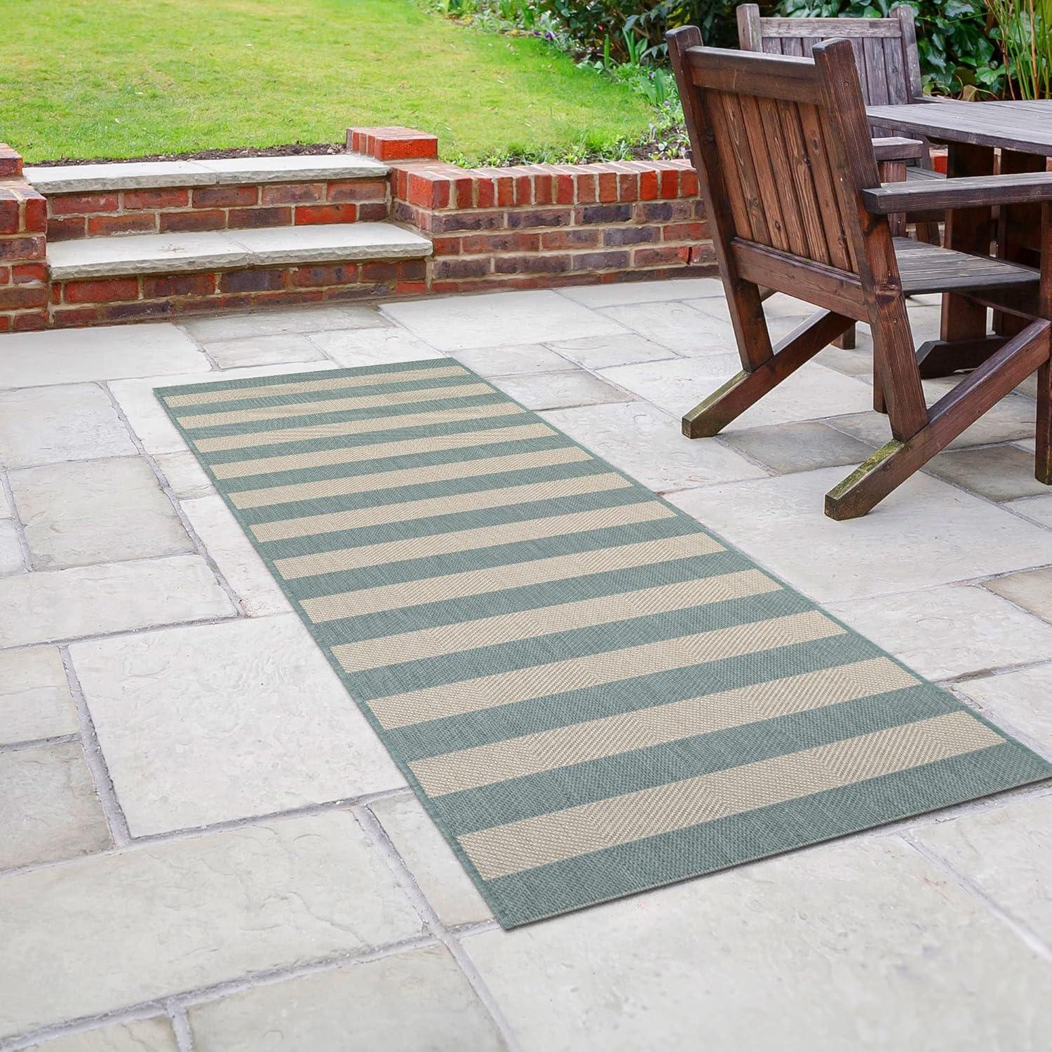 Couristan Afuera Yacht Club 2'2" x 7'10" Sea Mist Green and Ivory Stripe Outdoor Runner Rug