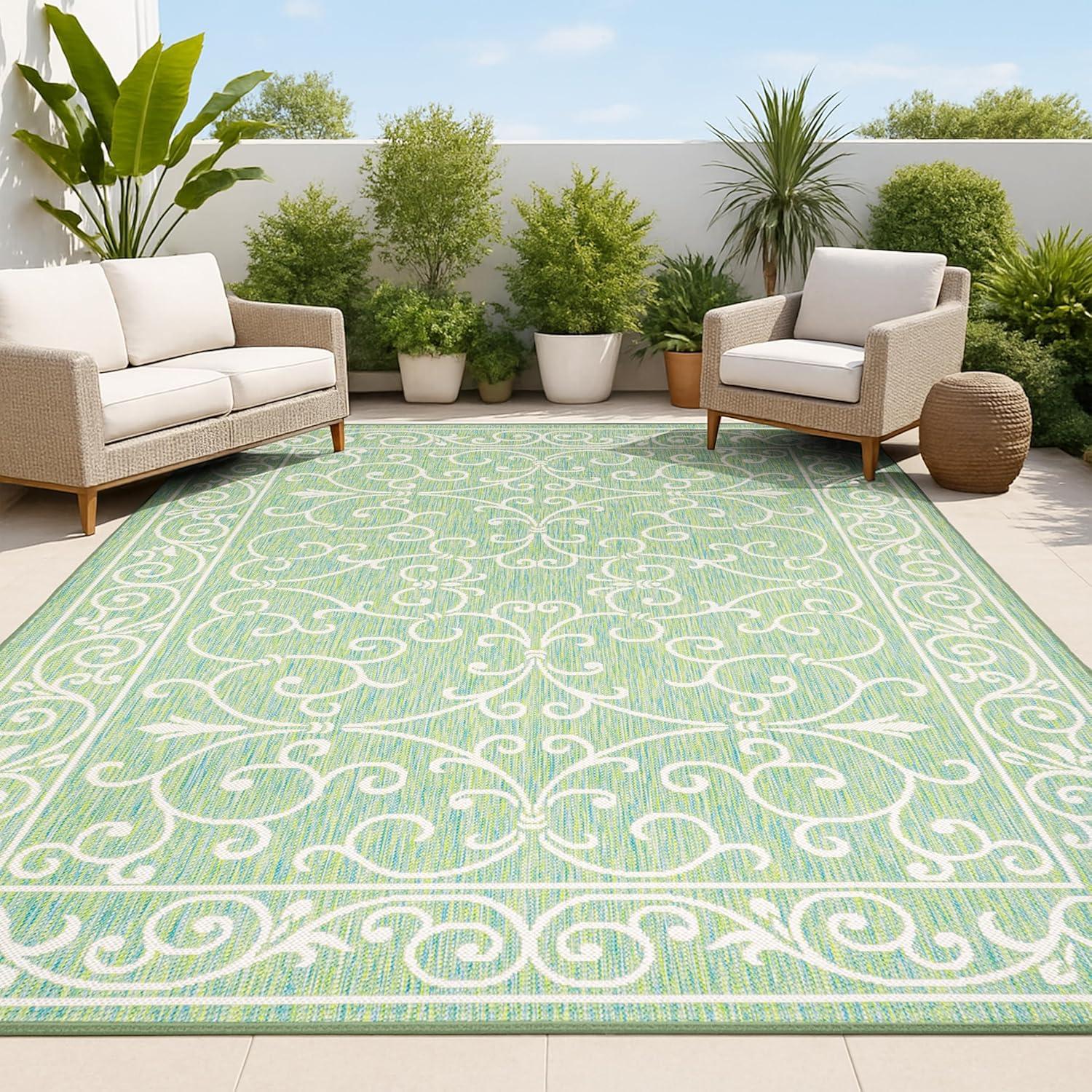 8' x 10' Charleston Vintage Filigree Textured Weave Indoor/Outdoor Area Rug, Green/Ivory - JONATHAN Y