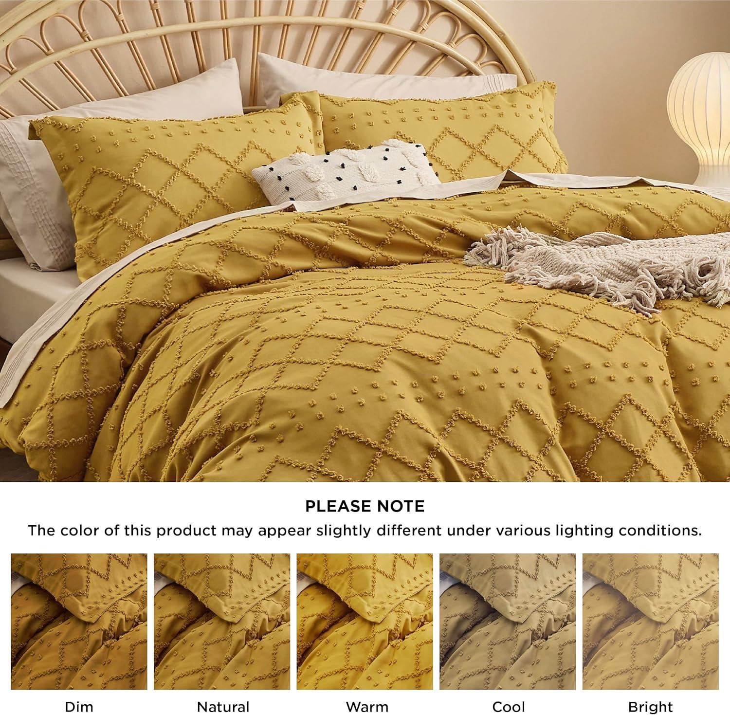 Mustard Yellow Tufted Embroidery Queen Duvet Cover Set