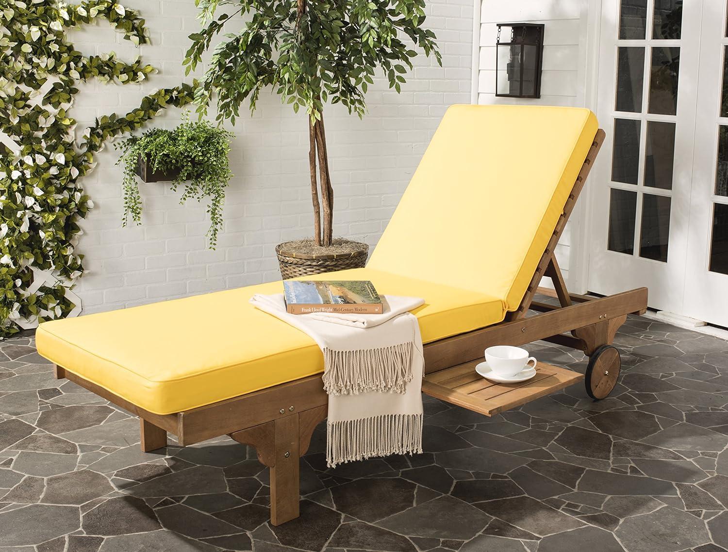 Natural Yellow Eucalyptus Wood Armless Chaise Lounger with Cushions