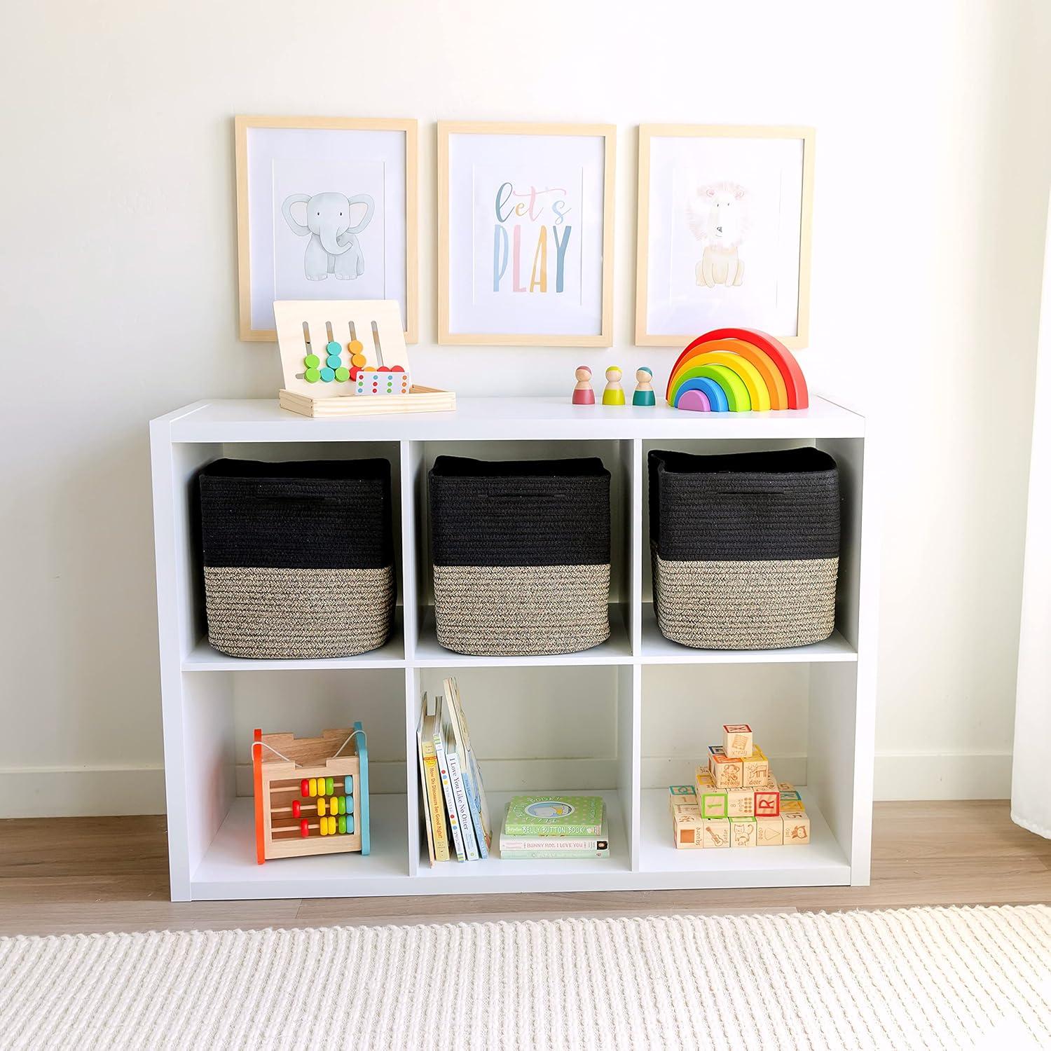 Storage Cube Baskets for Organizing-3 Pack - 11 inch Square Baskets for Cube Storage Closet Storage Bins- Woven Cube Storage Bins for Shelves- Cube Drawer-Toy Storage |White & Black