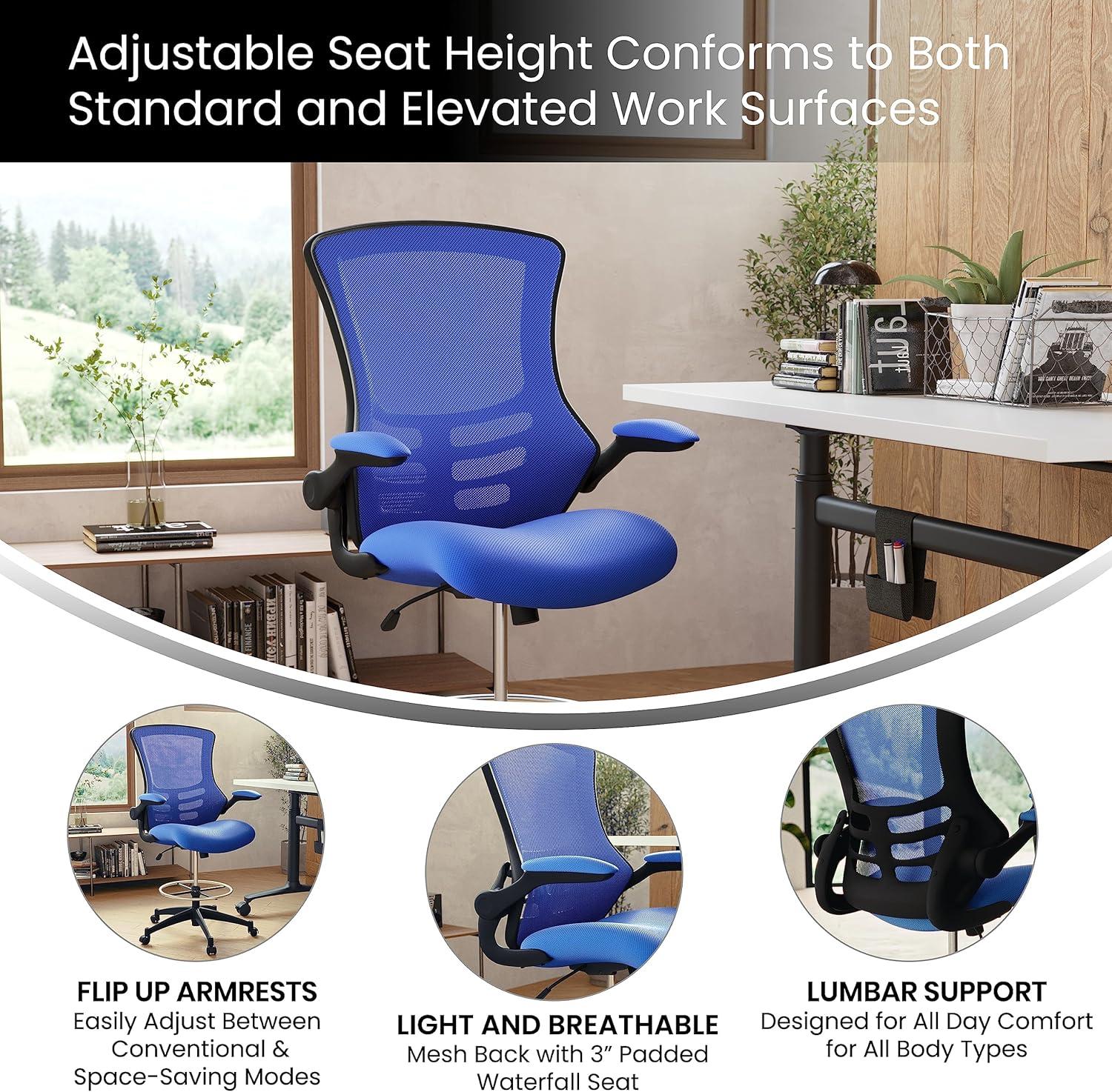 Flash Furniture Kelista Mid-Back Blue Mesh Ergonomic Drafting Chair with Adjustable Foot Ring and Flip-Up Arms