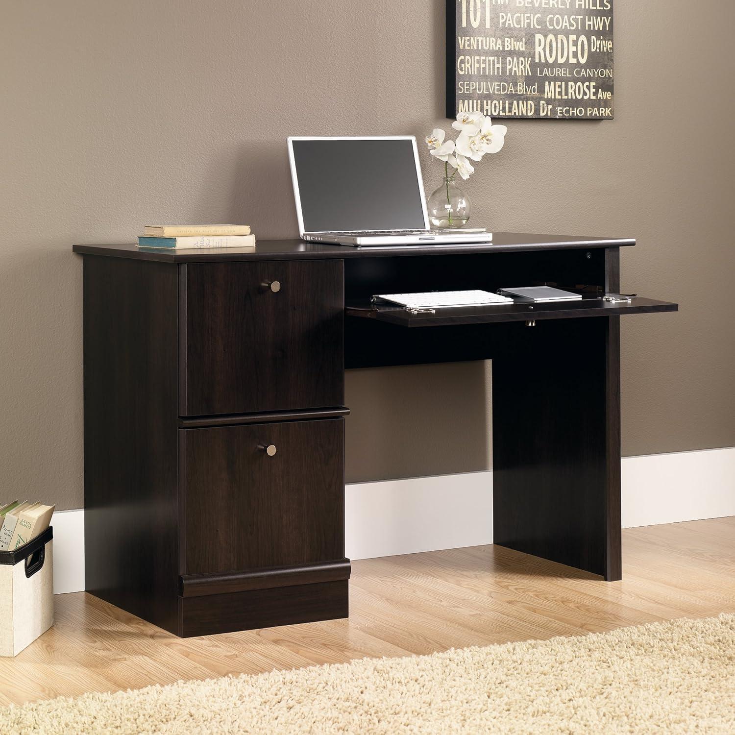 Sauder Computer Desk - Cinnamon Cherry : Slide-Out Keyboard Shelf, File Storage, Laminated Finish: Mid-Century Modern, Paper Veneer Surface