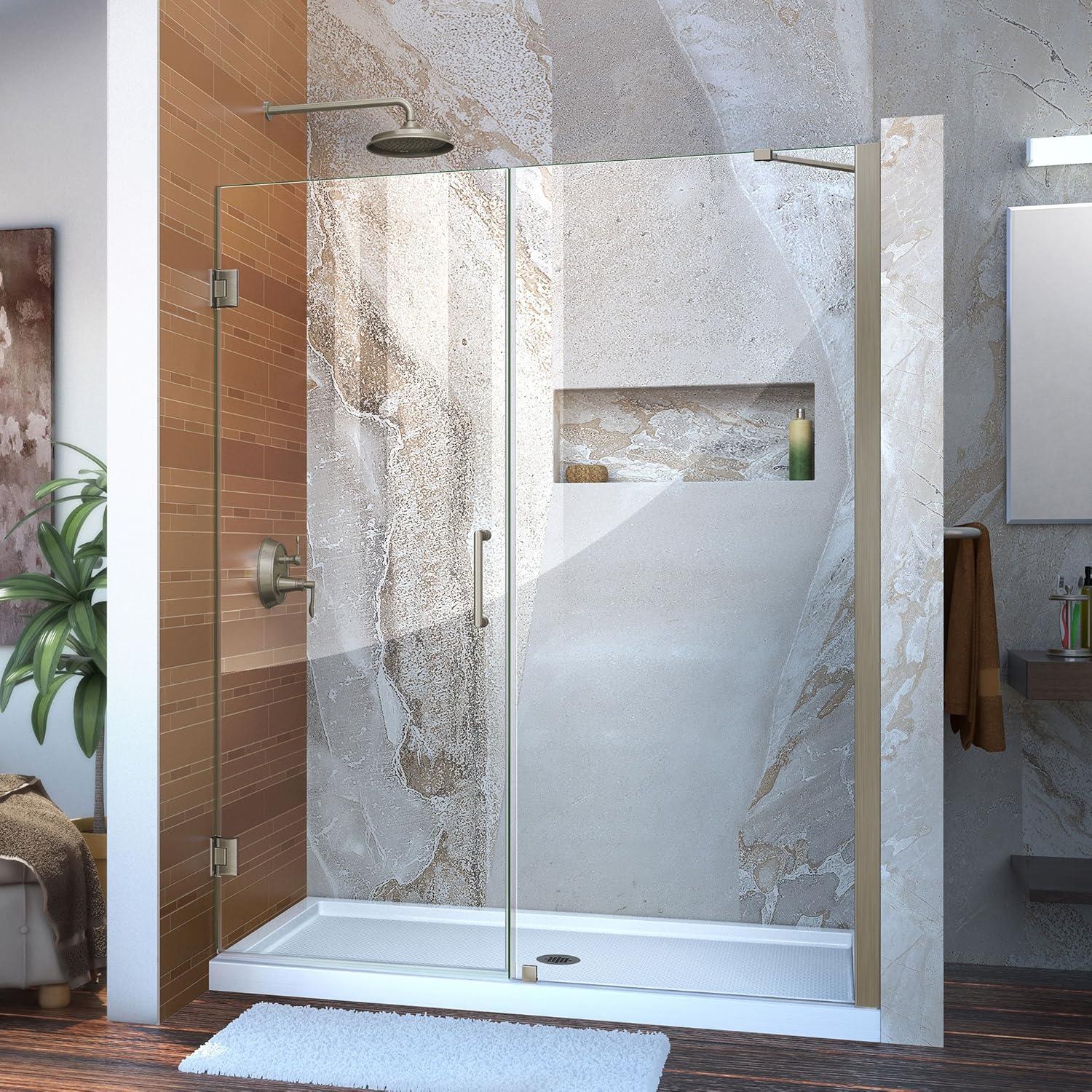 Unidoor 57" W x 72" H Hinged Frameless Shower Door and Fixed Panel with ClearMax Glass Treatment
