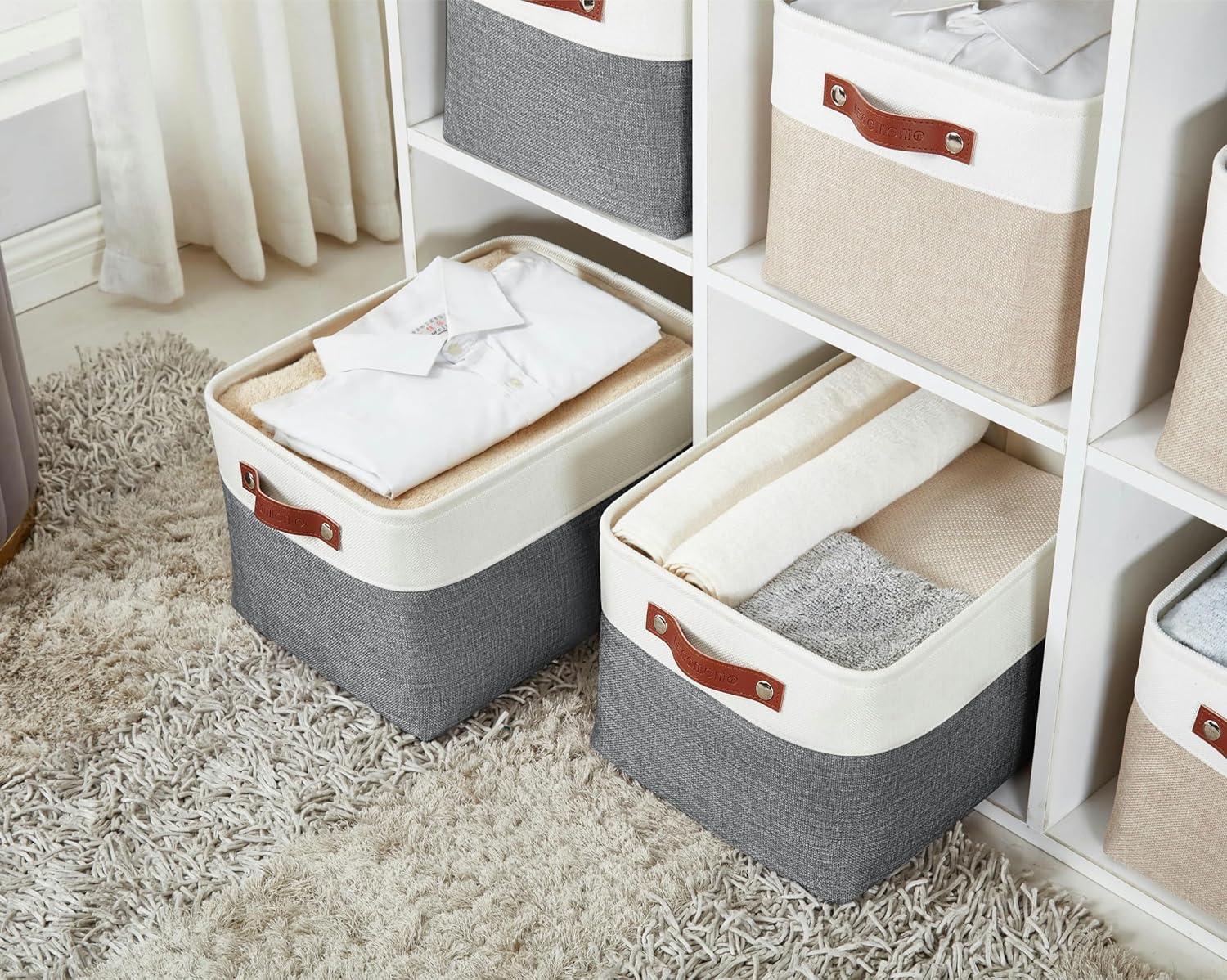 Large Slate Gray and White Fabric Storage Bins with Faux Leather Handles