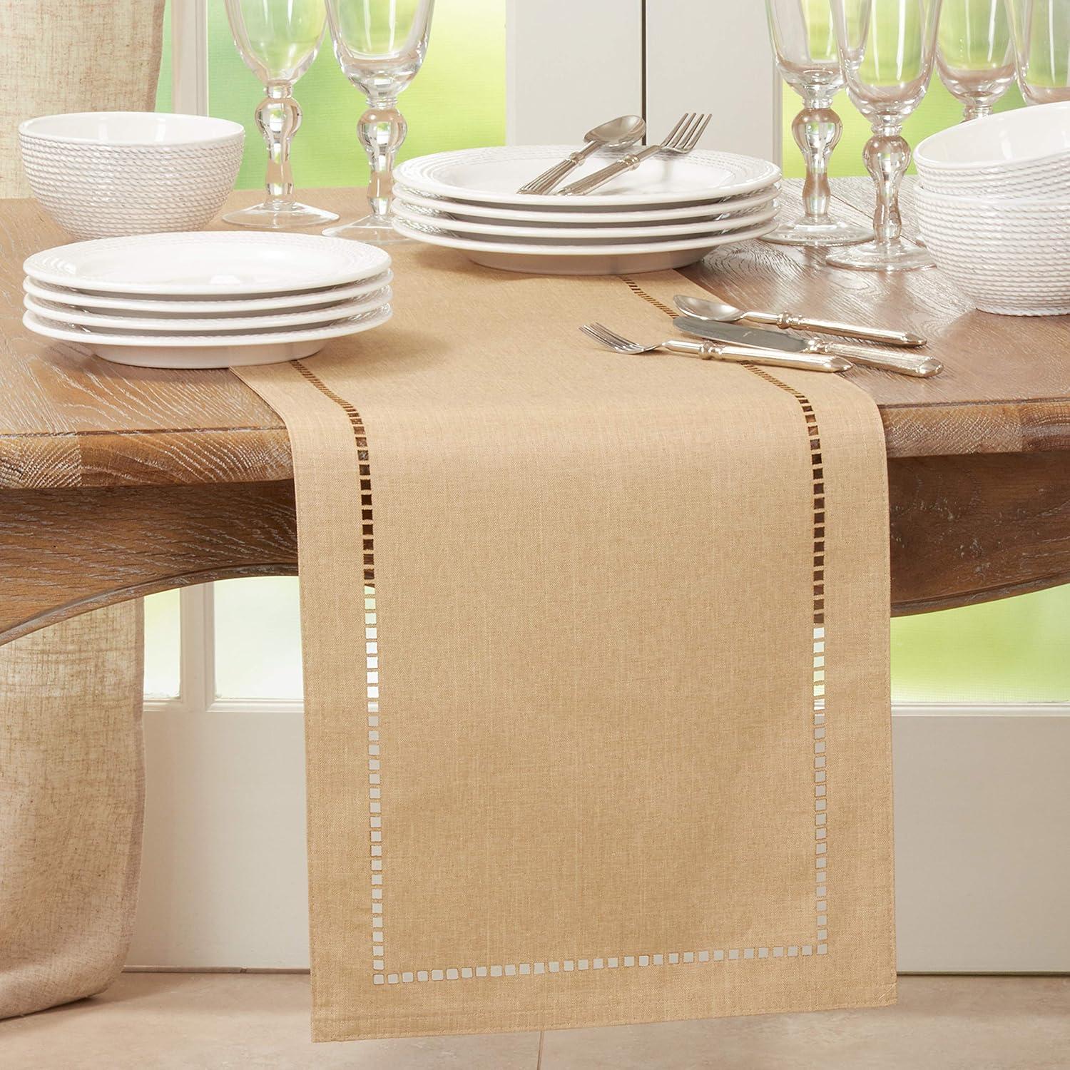 Saro Lifestyle Dining Table Runner With Laser-Cut Hemstitch Design, Natural, 14" x 108"