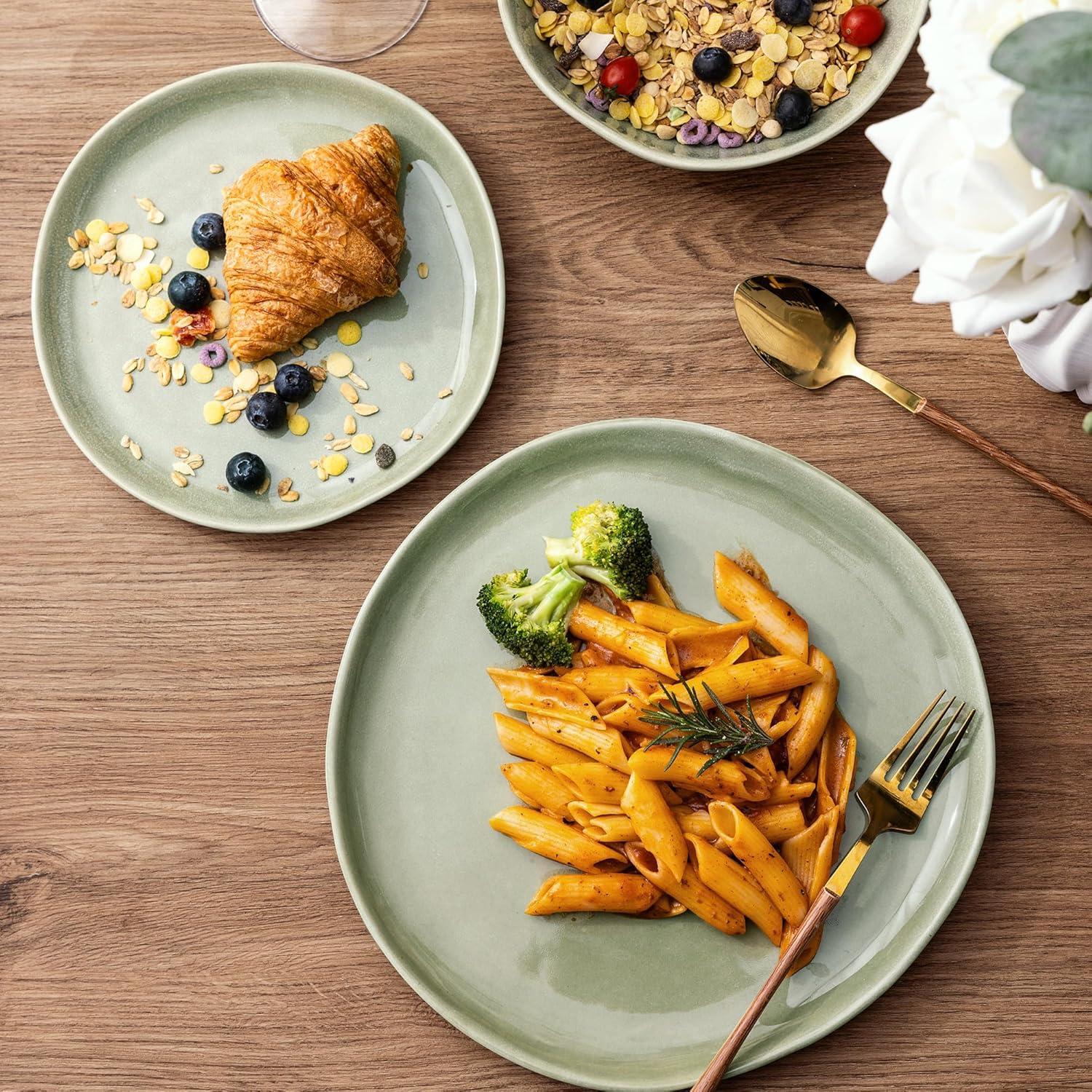 Olive Green and White Ceramic Dinnerware Set for 4