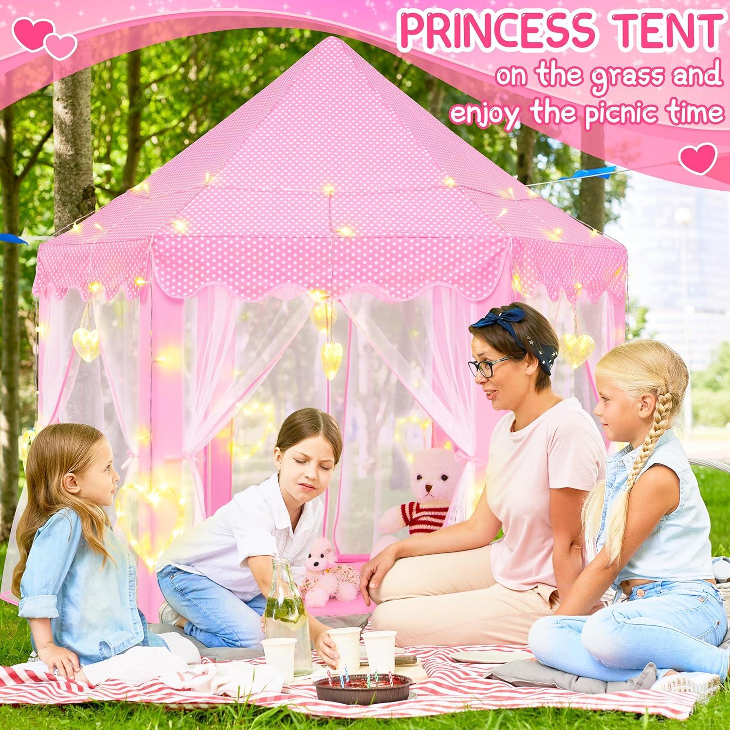 EVOIONOS Princess Tent for Girls, Kids Play Tent with LED Star Lights, Castle Playhouse for Children Indoor Outdoor Games, 55X53 inches, Pink