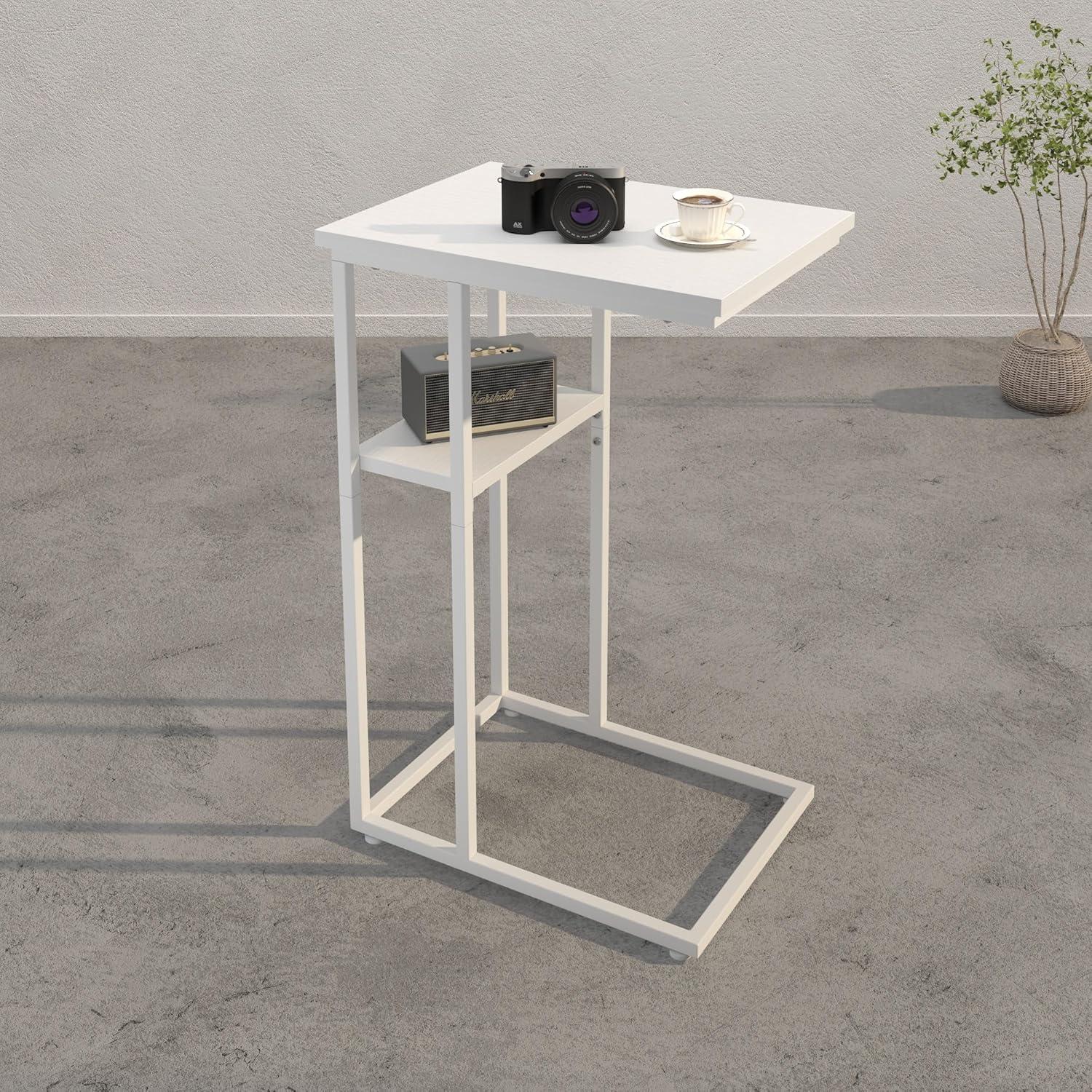 White C-Shaped Side Table with Metal Frame