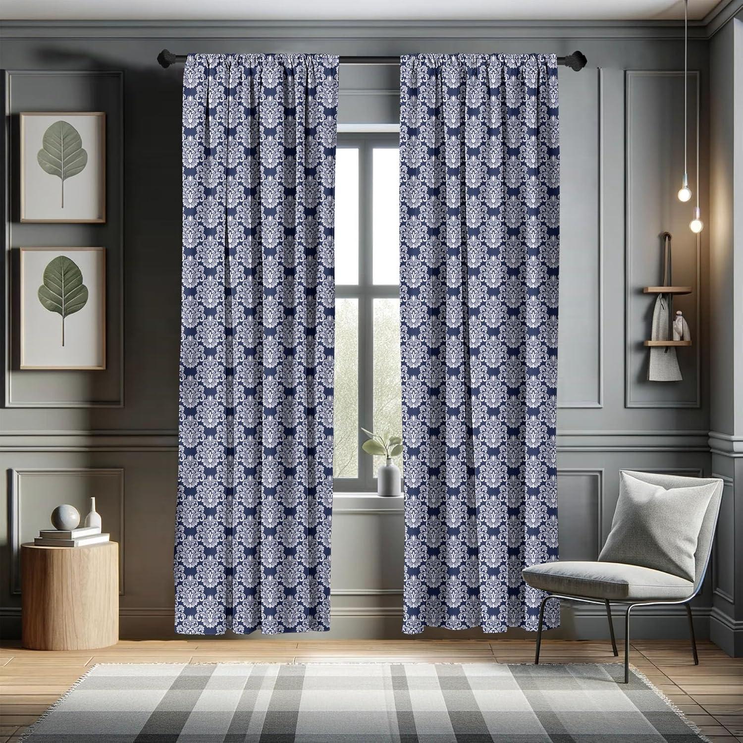 Navy Blue and White Floral Damask Room-Darkening Curtain Panels, 28" x 63"