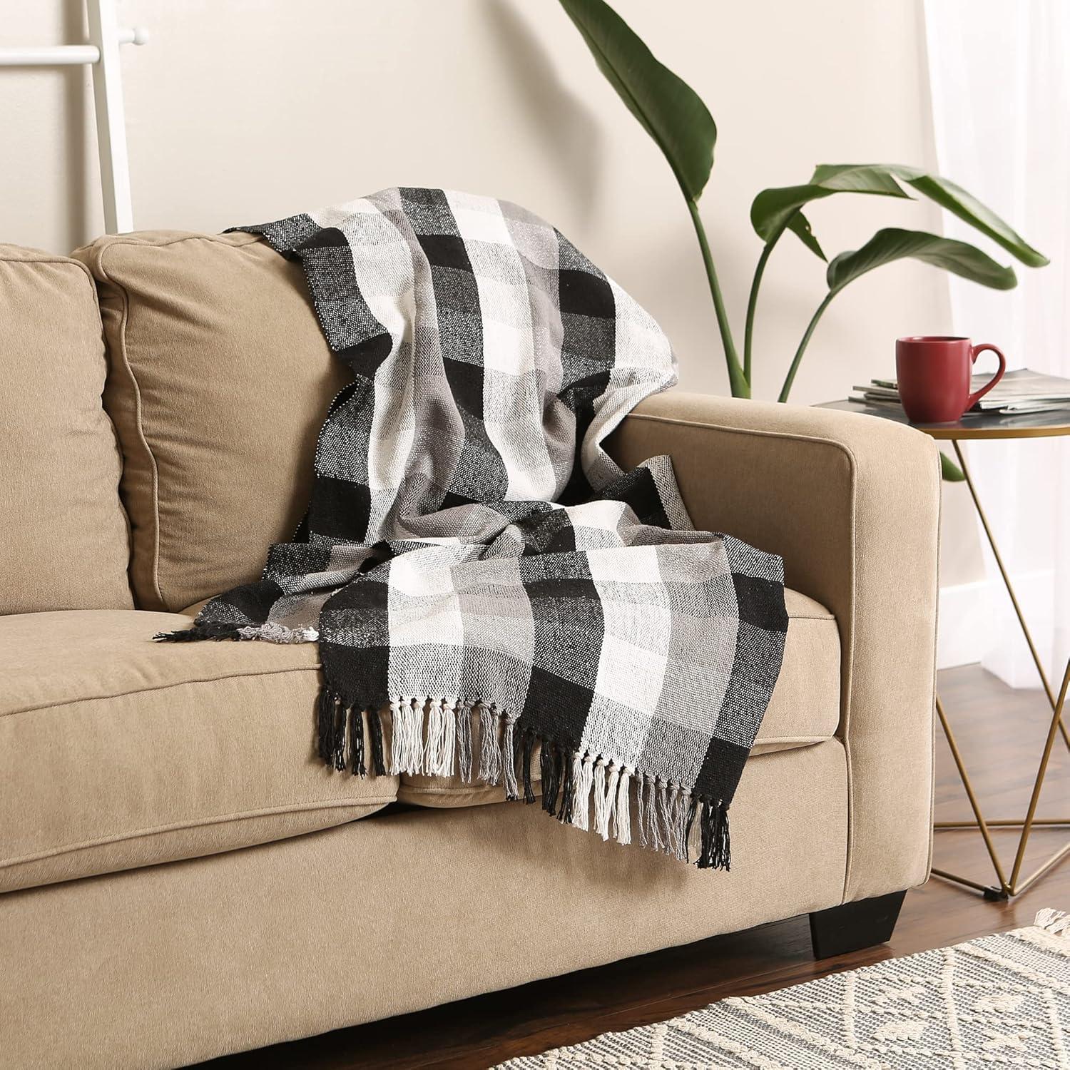 Black and Gray Cotton Checkered Throw Blanket with Fringe