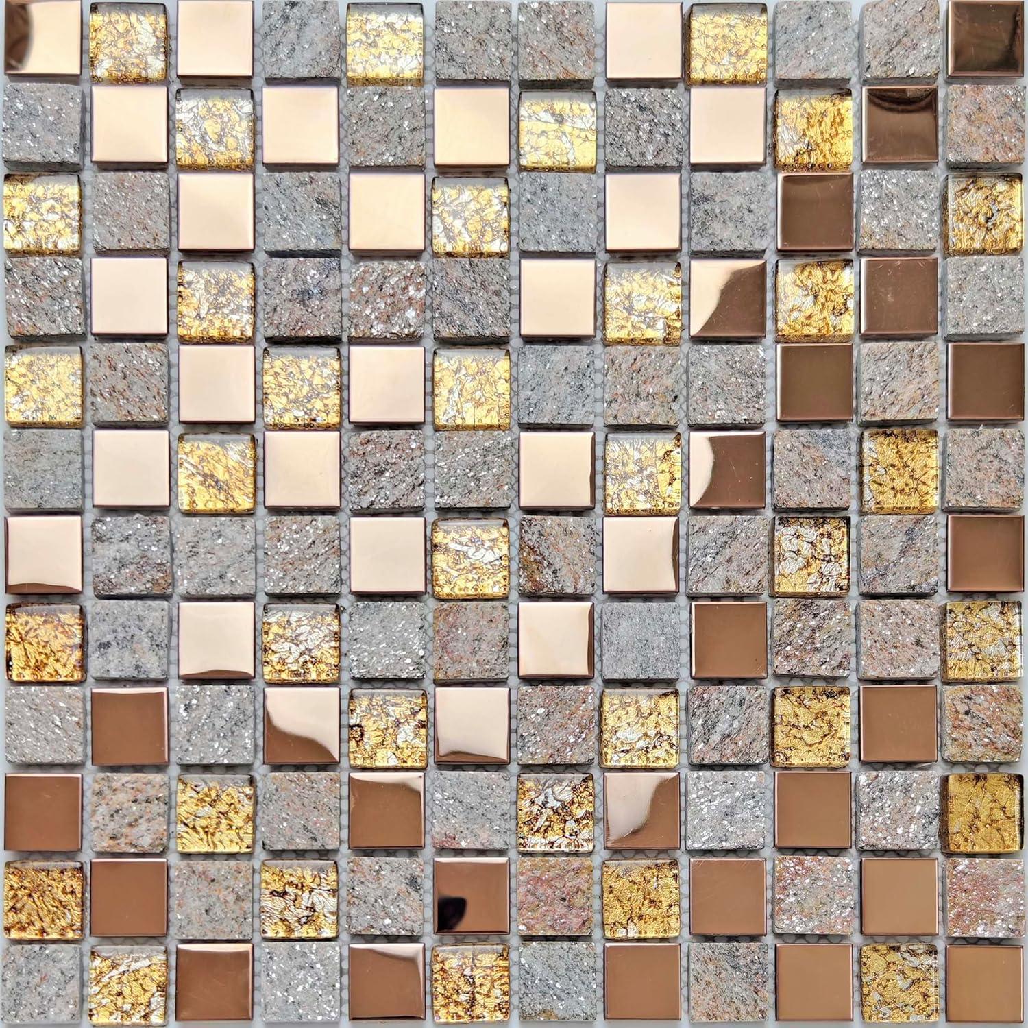 Luxury Glass Stone Tile Rose Gold Glitter Metal Mosaic Accent Backsplash Tiles in Kitchen Bathroom Walls and Fireplace Decor (5 Square Feet)