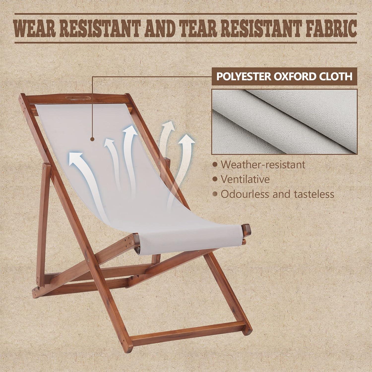 FDW Beach Sling Patio Chair for Relaxing, Foldable with Adjustable Height Made from Eucalyptus Wood with White Polyester,Khaki