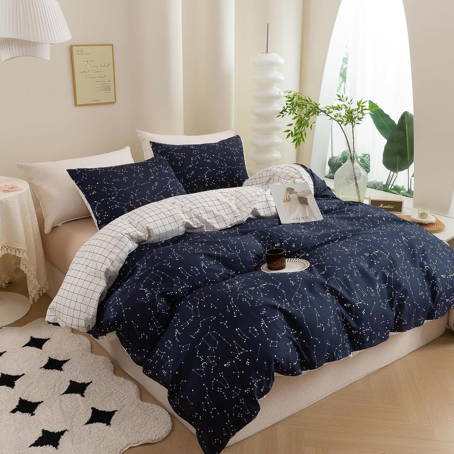 ECOCOTT Duvet Cover King, 3 Pieces 100% Natural Cotton 1 Duvet Cover +2 Pillowcases Bedding Set,Navy and Cosmic Constellation Reversible Printed Pattern Breathable and Durable Duvet Cover King Size