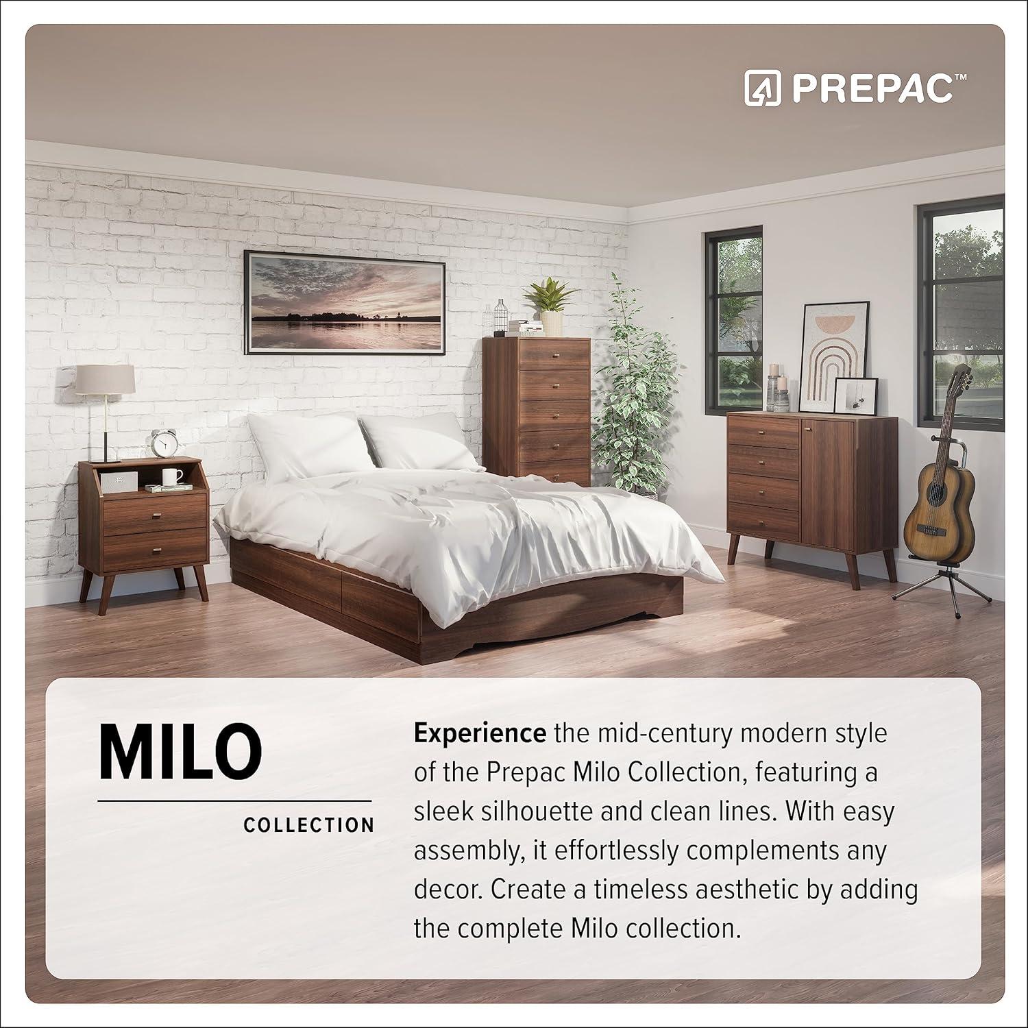 Milo Mid Century Modern 2 Drawer Tall Nightstand: Brass Knobs, Wood Legs - Prepac