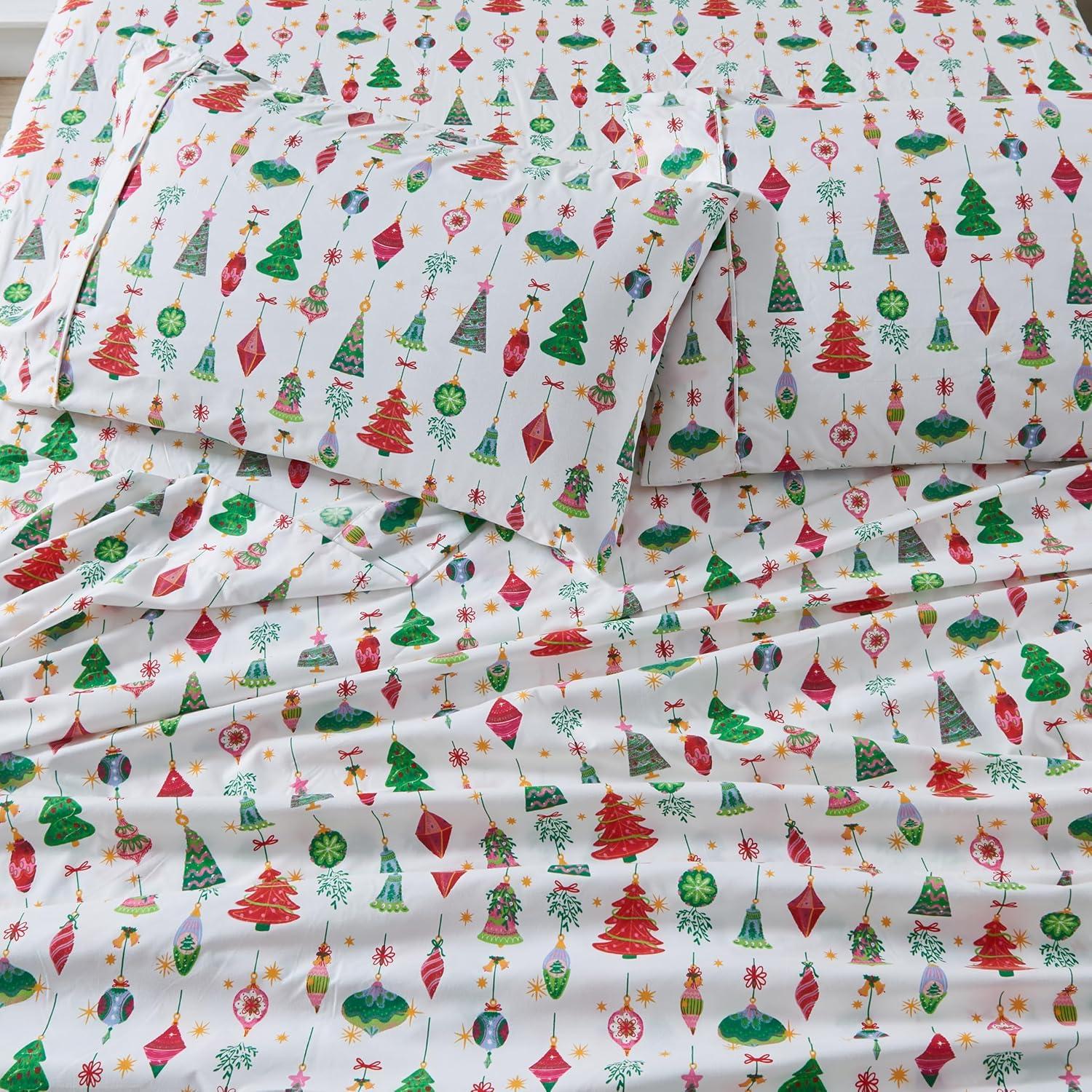 Great Bay Home Microfiber Bed Sheet Set, 3-Piece Holiday-Themed Sheets, Twin, Twinkling Ornaments