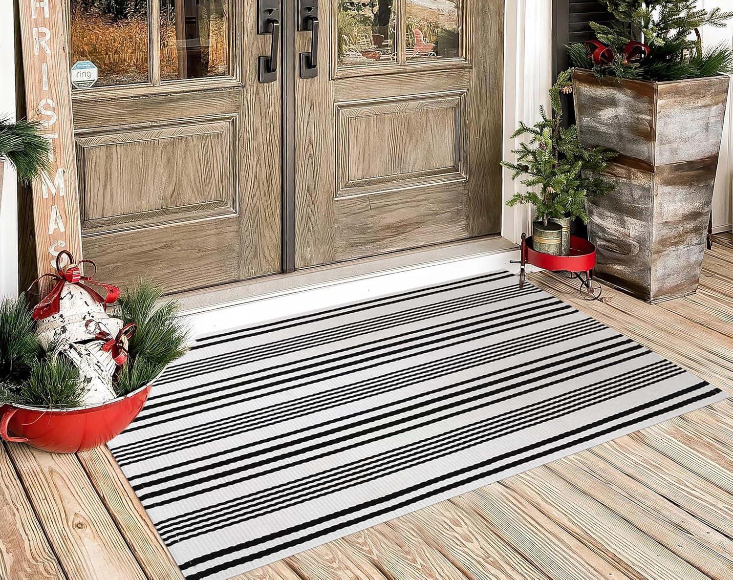 Black and White Striped Hand-Woven Outdoor Rug 24'' x 51''