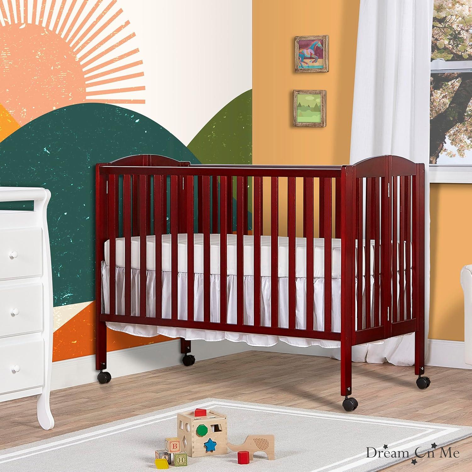 Cherry Full-Size Folding Crib with Locking Wheels and Teething Guard