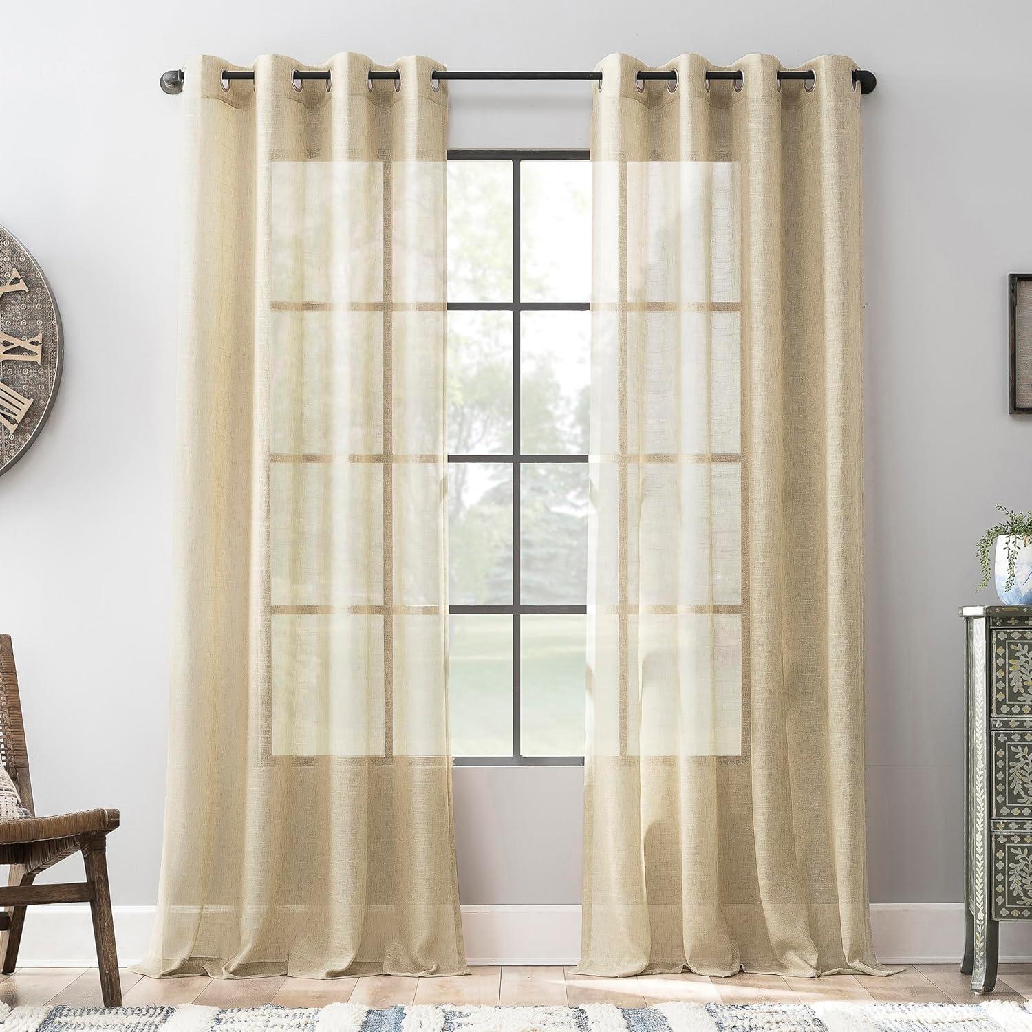 52"x63" Archaeo Light Filtering Slub Textured Linen Blend Grommet Top Curtain Panel Sand: Modern Indoor Decor