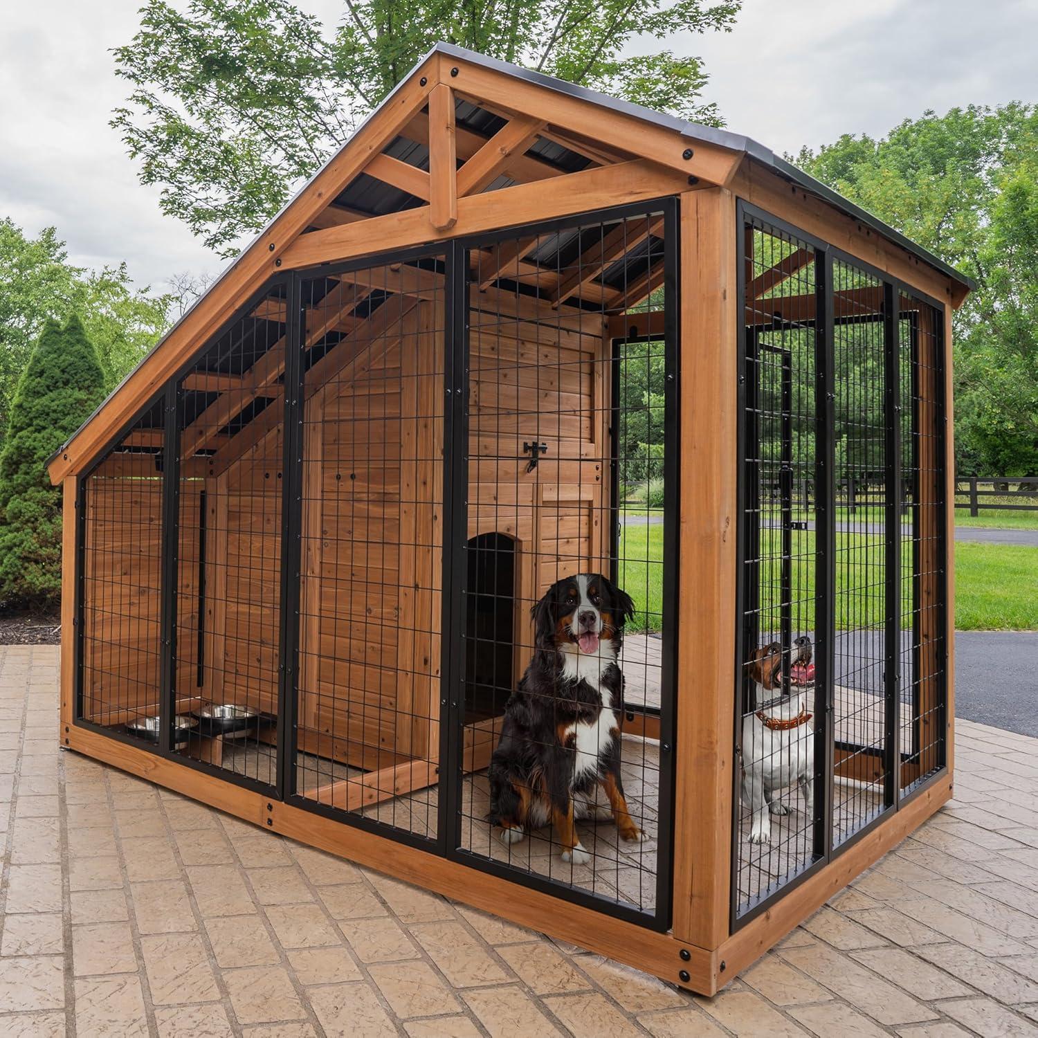 Large Cedar Wood Dog Kennel with Steel Roof and Feeding Tray